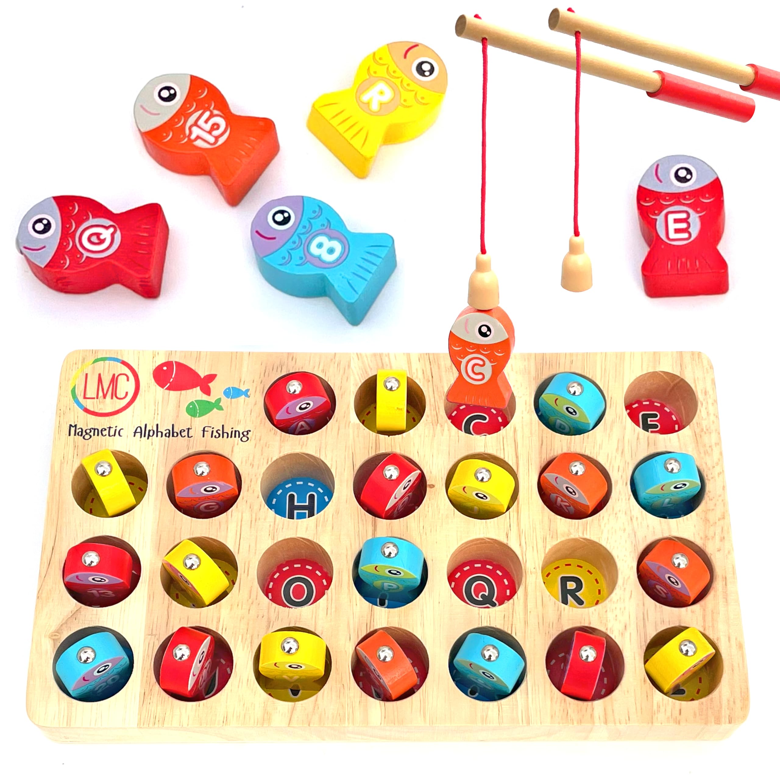 Magnetic Alphabet Fishing Toy - Letters, Numbers, & 2 Fishing Poles - Alphabet & Math Learning Toys - Magnetic Fishing Game for Toddlers Ages 3+, Educational Toys (Wood, 1)