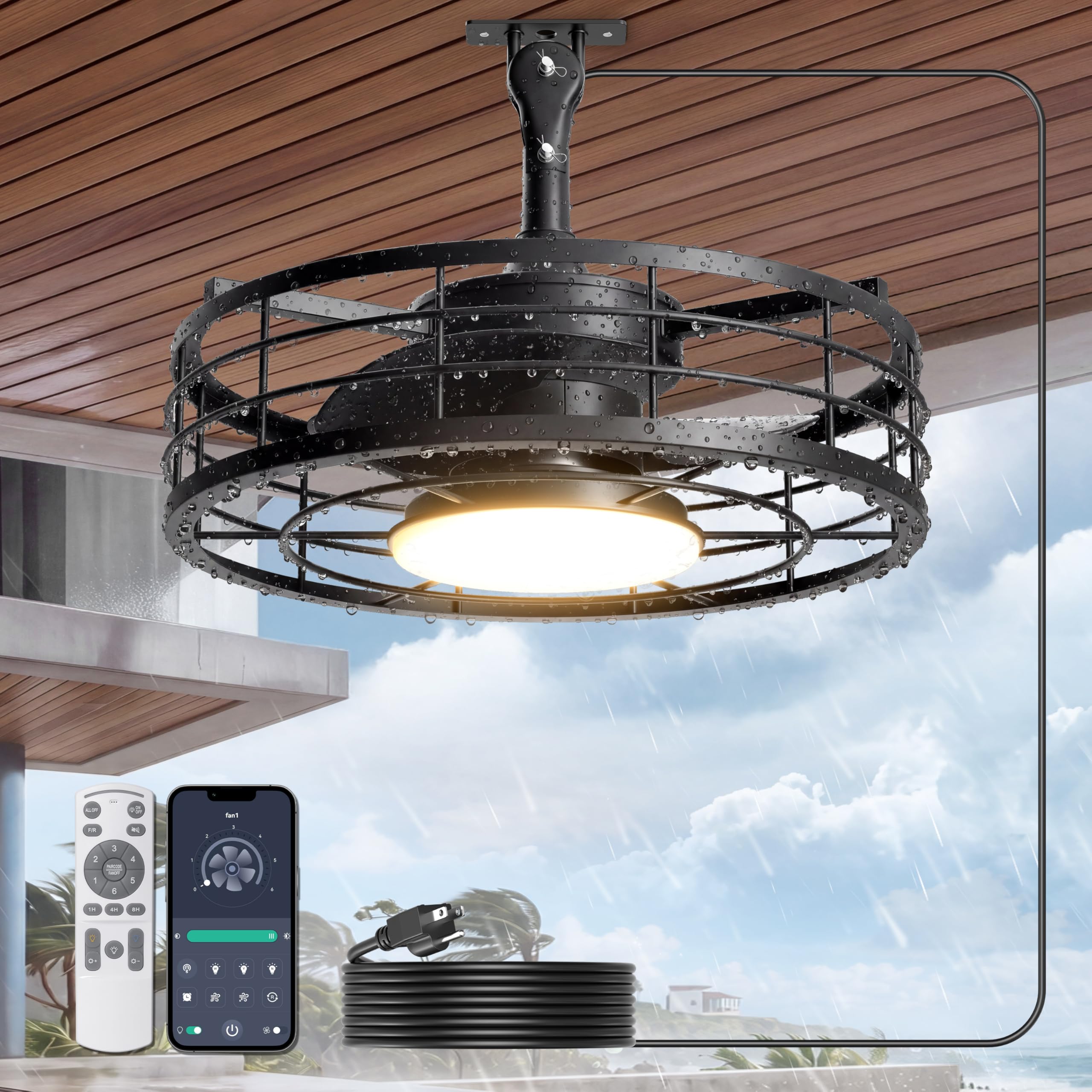 16'' Outdoor Ceiling Fan with Lights, Weatherproof Plug in Ceiling Fan for Gazebo, Caged Hanging Fan with Remote & APP Control, 3CCT, 6-Speed Outdoor Fan for Patio, Porch, Black