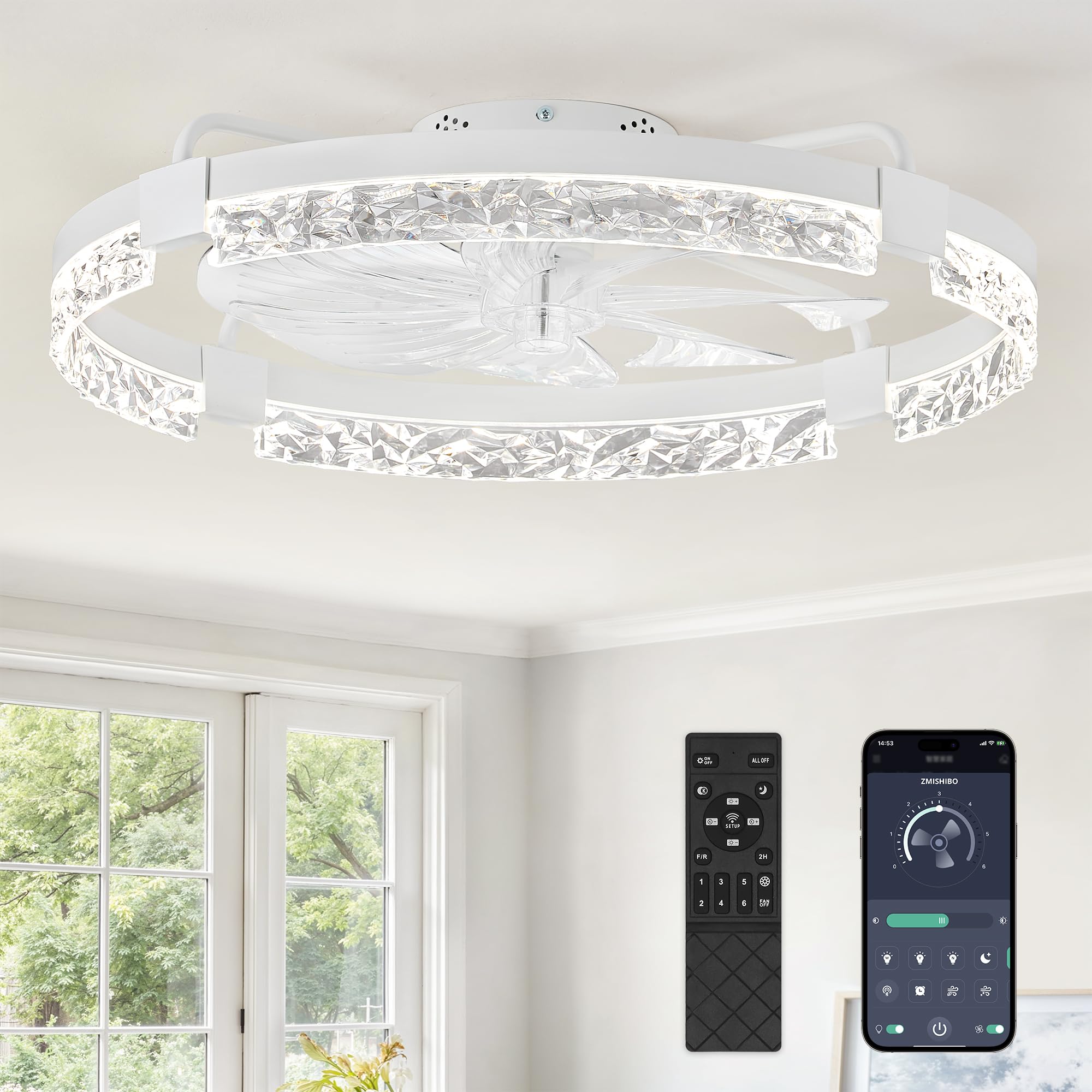 ZMISHIBO 24 Inch Flush Mount Ceiling Fan with Light, Bladeless Low Profile Enclosed Fan for Bedroom Kids Room, 6 Speeds Reversible DC Motor, 3CCT Dimmable Smart App Control