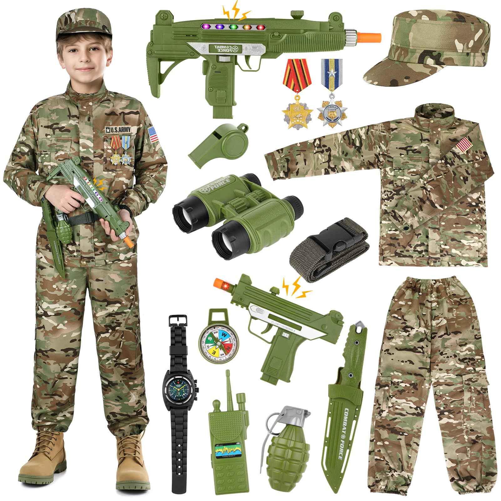 GIFTINBOX Army Costume for Kids, 15PCS Soldier Military Costume Dress Up Role Play Set with Army Accessories, Halloween Costumes for Boys 3-13, Halloween Birthday Gift for Kid