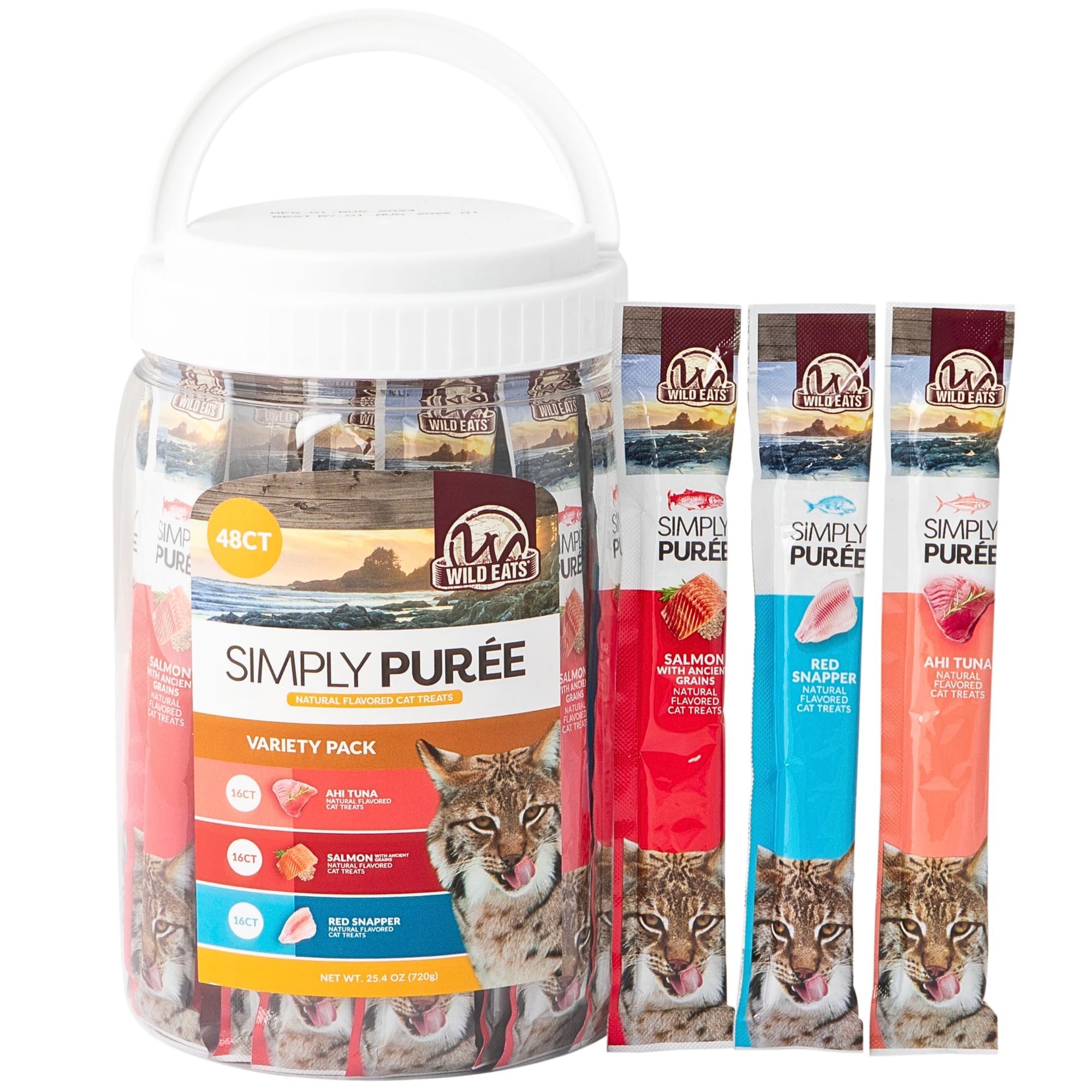 Wild Eats Simply Puree Variety Tub for Cats | 48 Individual Servings of All-Natural, High-Protein Puree Treats | Includes Multiple Flavors | Grain-Free, No Artificial Additives, Smooth Texture