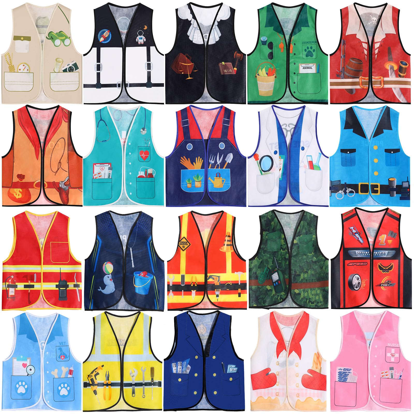 Haysandy 20 PCS Kids Dress Up Vest Community Helper Costumes Kids Role Play Career Cosplay Clothes for Toddlers Pretend and Play Halloween Costume Doctor Police Fireman Construction, Birthday Gifts