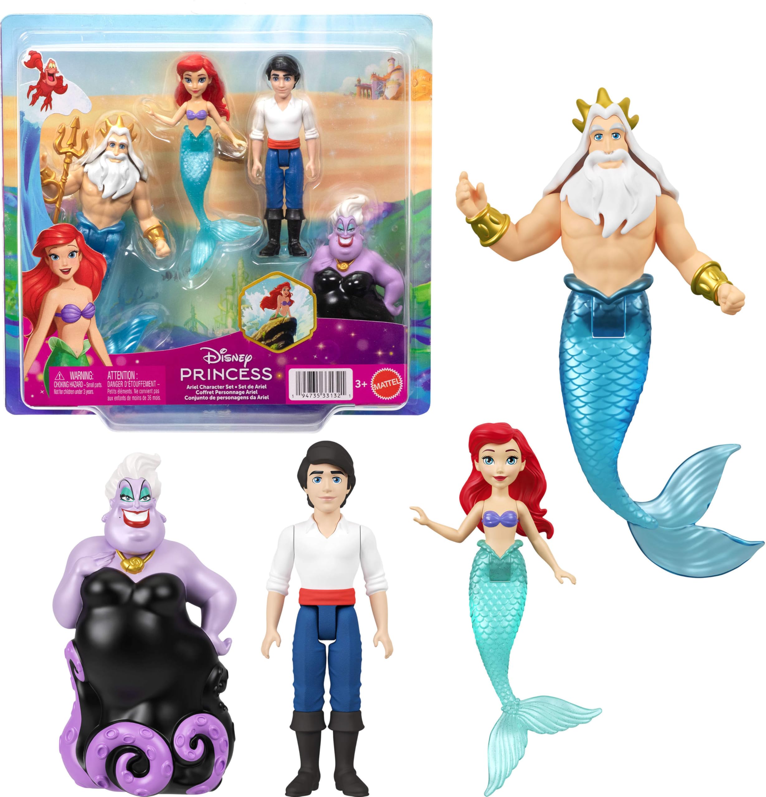 Mattel Disney Princess Toys, Small Doll 4-Pack with Mermaid Ariel, Prince Eric, Ursula & King Triton, Plus Trident Accessory, Inspired by Movie