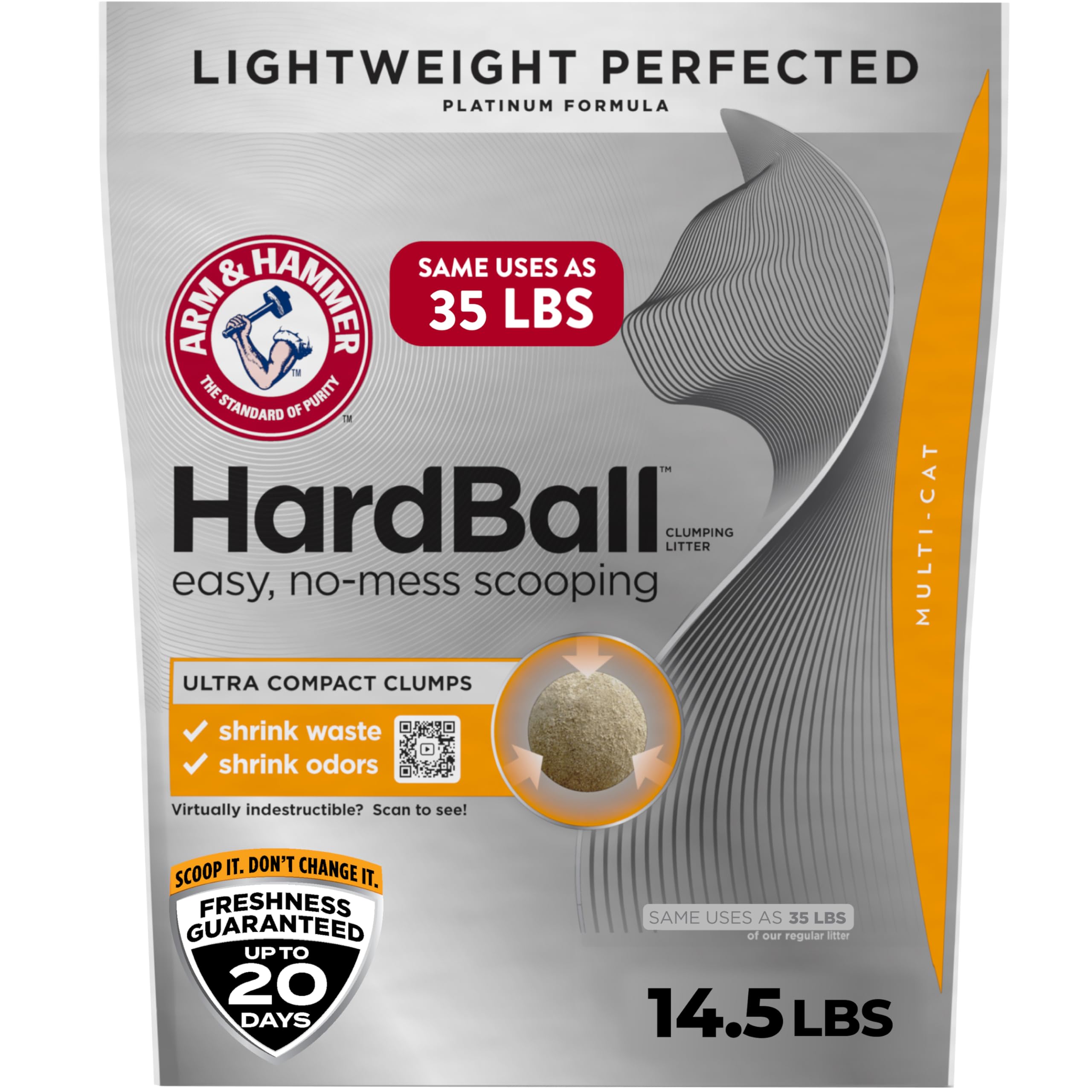 ARM & Hammer Hardball Lightweight 5-in-1 Clumping Cat Litter, 24/7 Odor Control, Long-Lasting Non-Clay & 99.9% Dust-Free Multi-Cat Formula, Garden Bloom Scent, 14.5 Lbs
