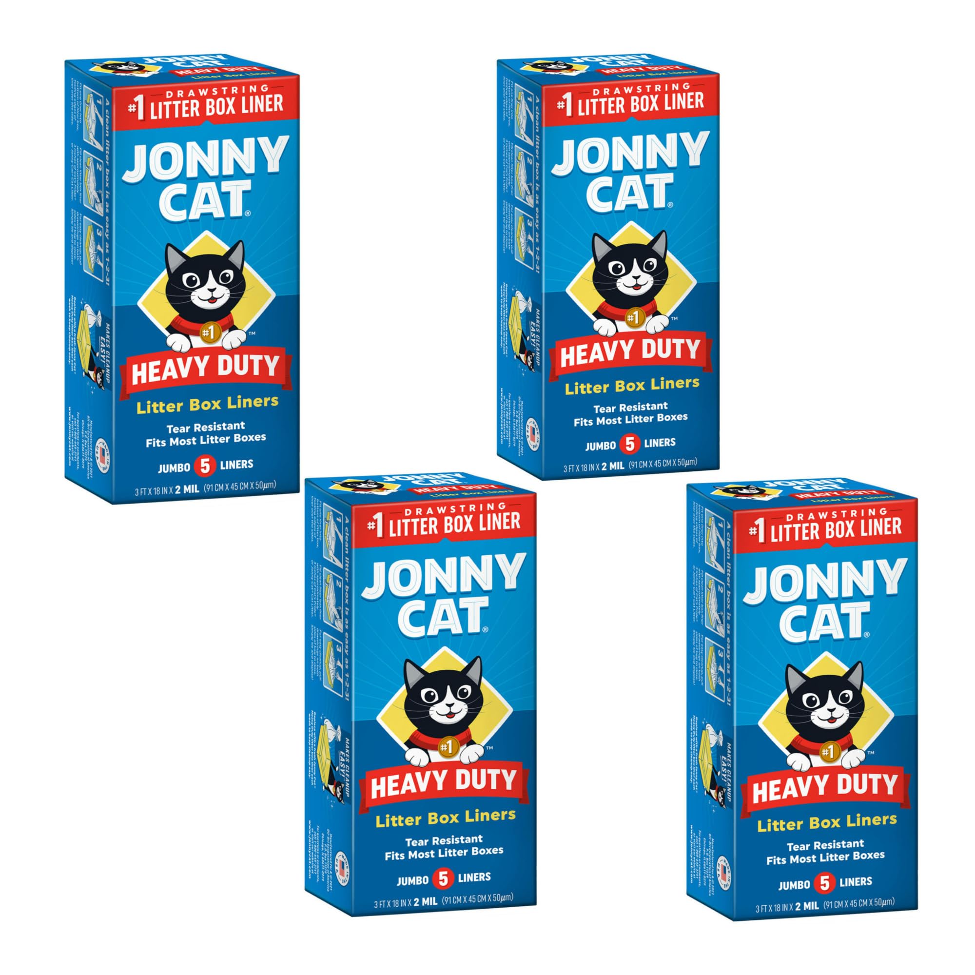 JONNY CAT Litter Box Liners, Heavy Duty Drawstring Liners, Pack of 4 Boxes, 5 Liners per Box, 3 FT X 18 IN, Tear Resistant