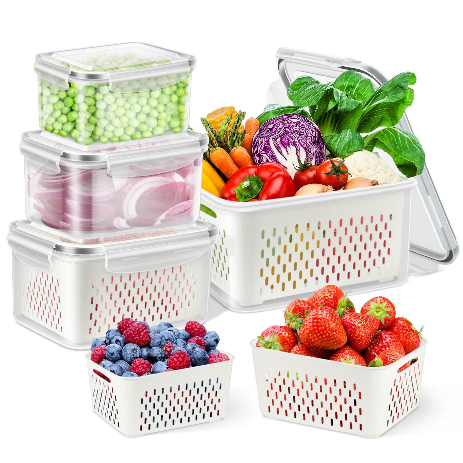 Fruit Storage Containers for Fridge Organizers and Storage, 4 Pack Large Produce Saver with Airtight Lid & Colander for Berry Lettuce Salad Vegetable Storage, Refrigerator Organizers