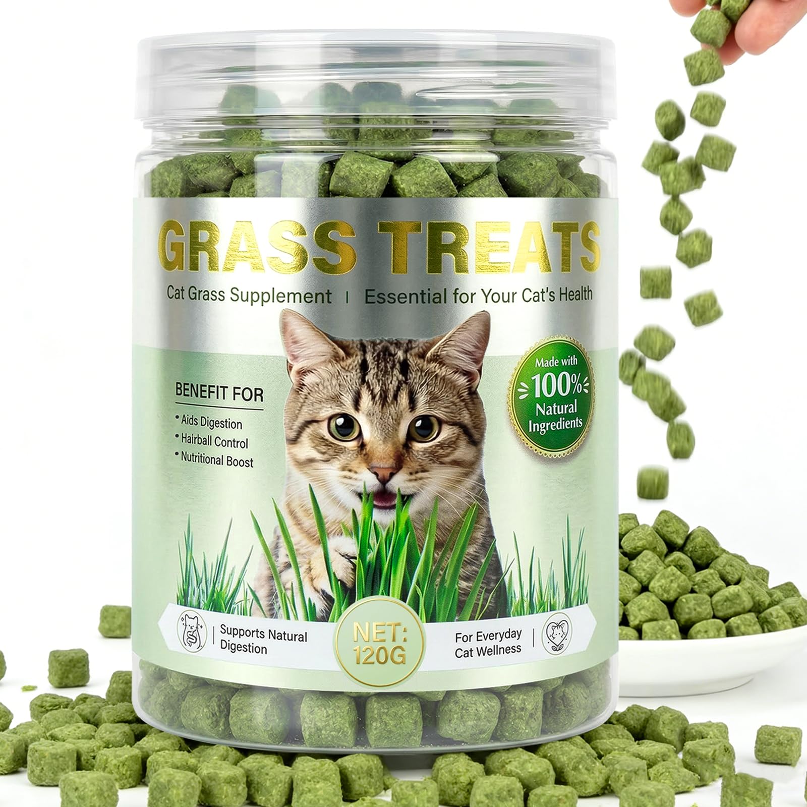 Cat Grass Treats for Indoor Cats, 120g Natural Cat Grass & Chicken Dental Health Snacks, Tasty Training Rewards & Playtime Cat Treats