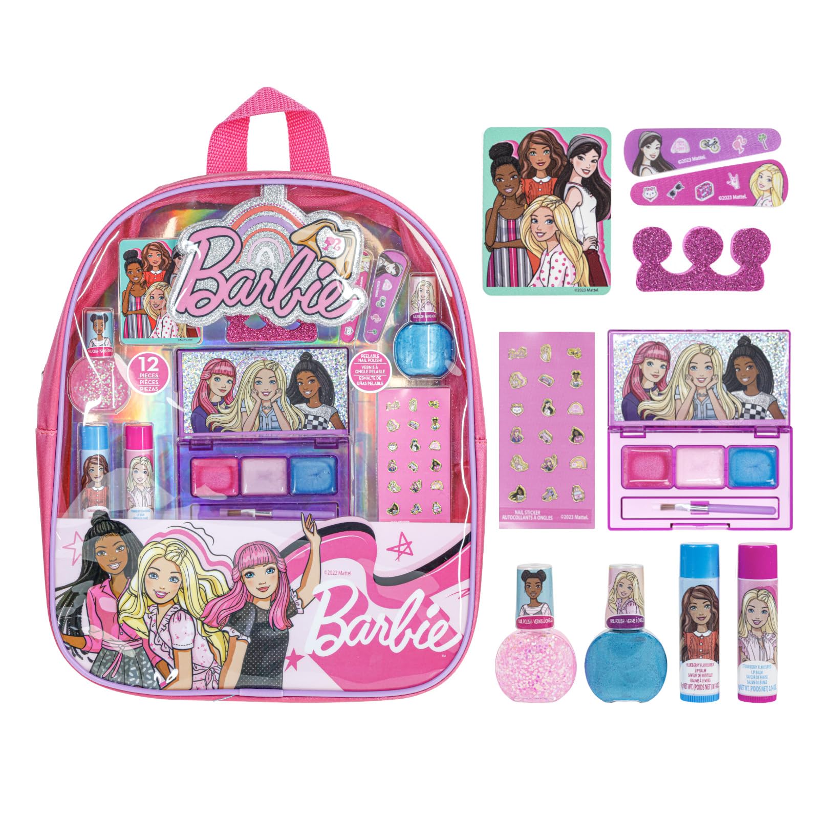 Barbie Kids Makeup Set for Girls in Backpack, Include Lip Balm, Nail Polish, Nail File, Hair Bows, Gift for Girls Aged 3+ by Townley Girl
