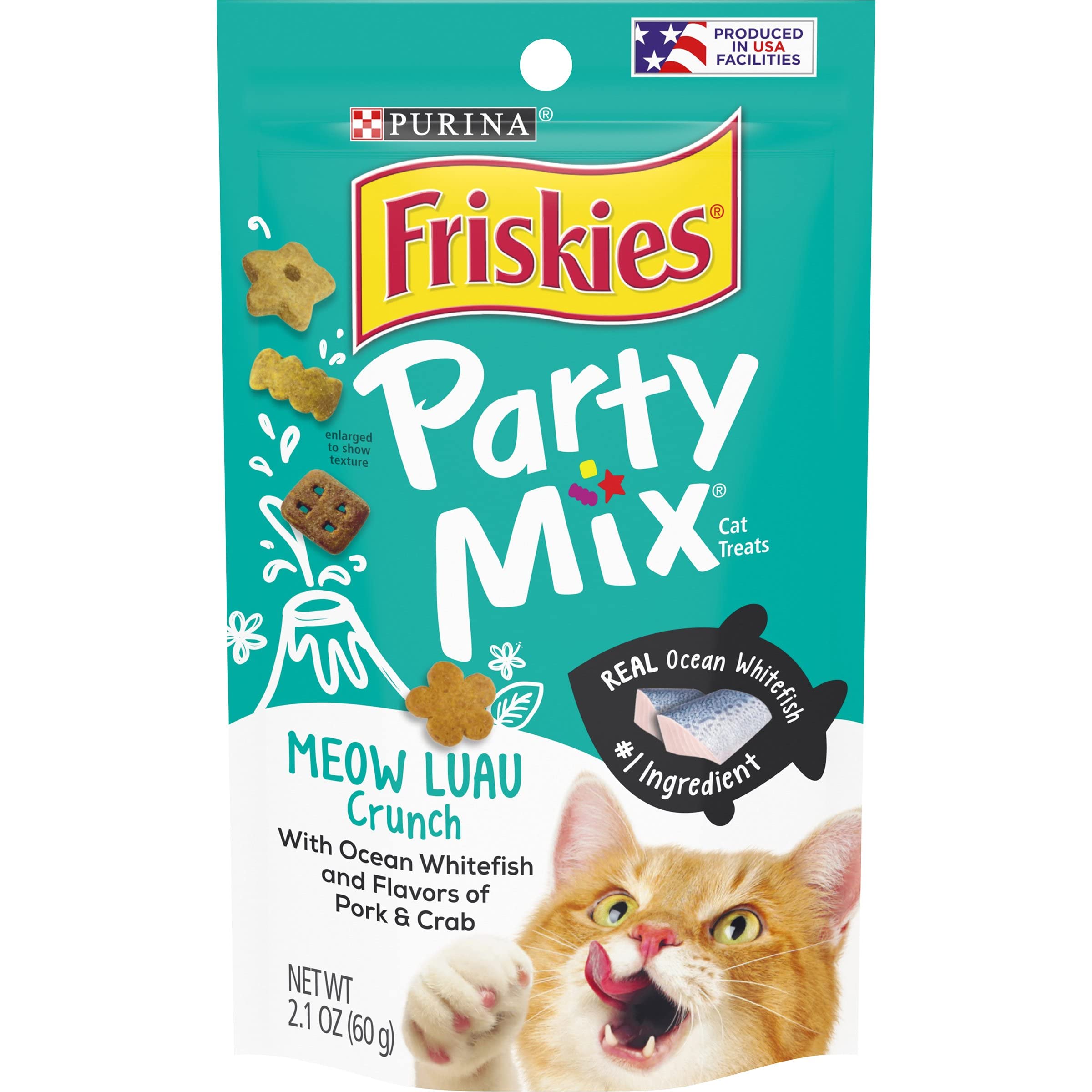 Purina Friskies Party Mix Cat Treats, Meow Luau Crunch with Ocean Whitefish, Crunchy Cat Treats Made for Adult Cats, 2.1 Ounce Resealable Pouch (Pack of 1)