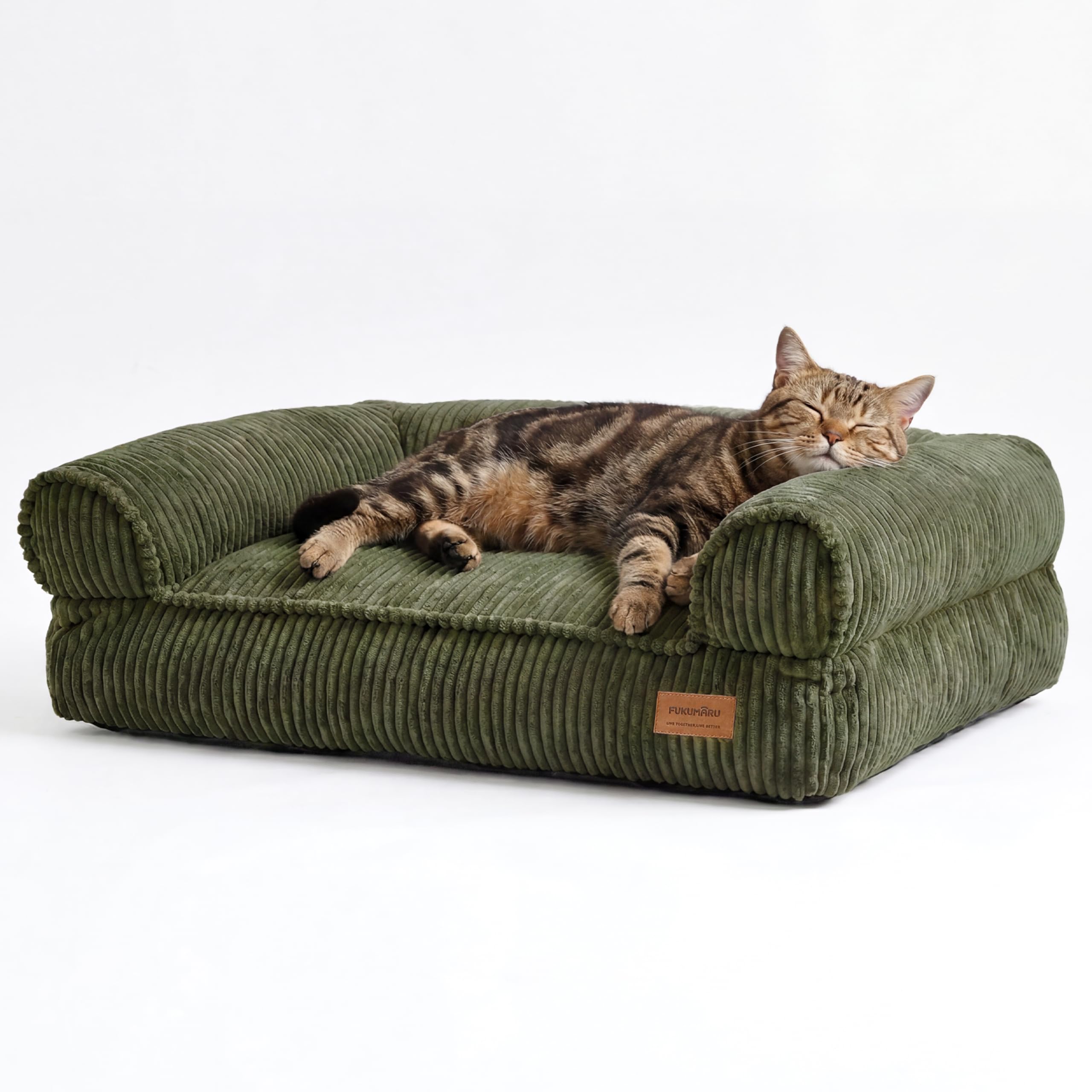FUKUMARU Dog Couch Bed, Corduroy Cozy Cat Bed for Indoor Cats with Washable Cover, 28in Waterproof Orthopedic Dog Beds Sofa for Small Dogs and Large Cats, Cute Warm Cotton Pet Sofa, Green