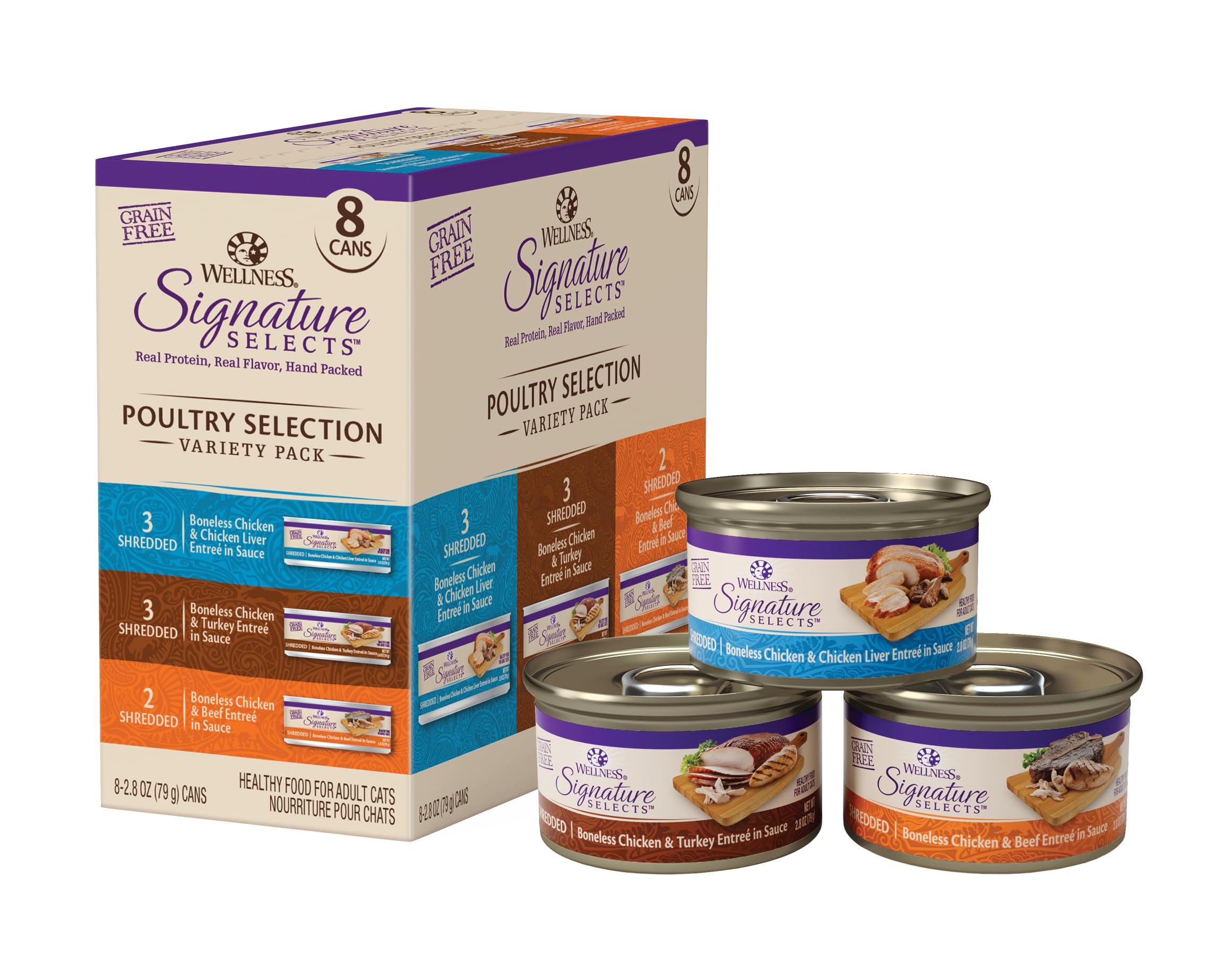 Wellness CORE Signature Selects Variety Pack Adult Canned Wet Cat Food, Natural, Protein Rich, Grain Free, Poultry Recipes, 2.8 oz, Pack of 8 Cans