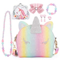 JYPS 7PCS Toddler Purse for Girl, Girls Wallet with Pretend Play Toys, Princess Toys with Kids Dress Up Jewelry Set (Rainbow Unicorn)