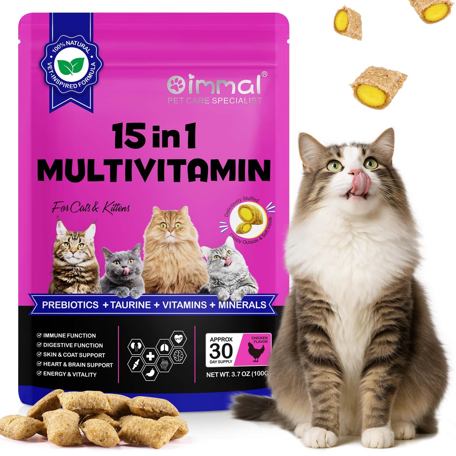 Cat Grass Treats for Cats & Kittens, 15-in-1 Multivitamin Crunchy & Creamy Chews with Omega 3, Lysine & Probiotics for Immune Health, Joint Support, Skin & Coat Care and Digestion Aid, Chicken Flavor