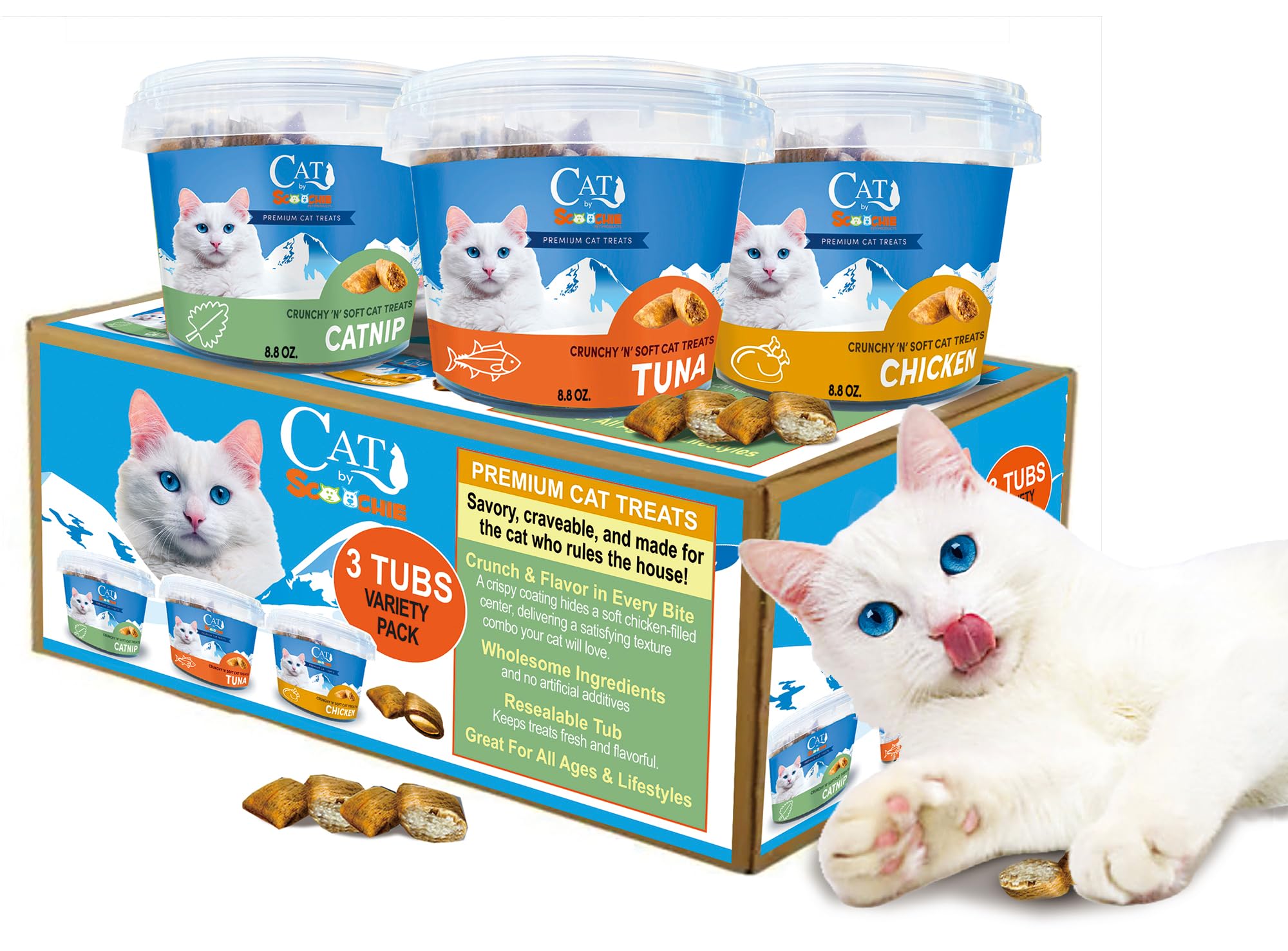 Scoochie Pet Cat by Scoochie – Assortment Flavored Cat Treats, Crunchy Outside & Creamy Inside, 3 | 8.8 oz Tubs (Tuna, Chicken & Catnip)