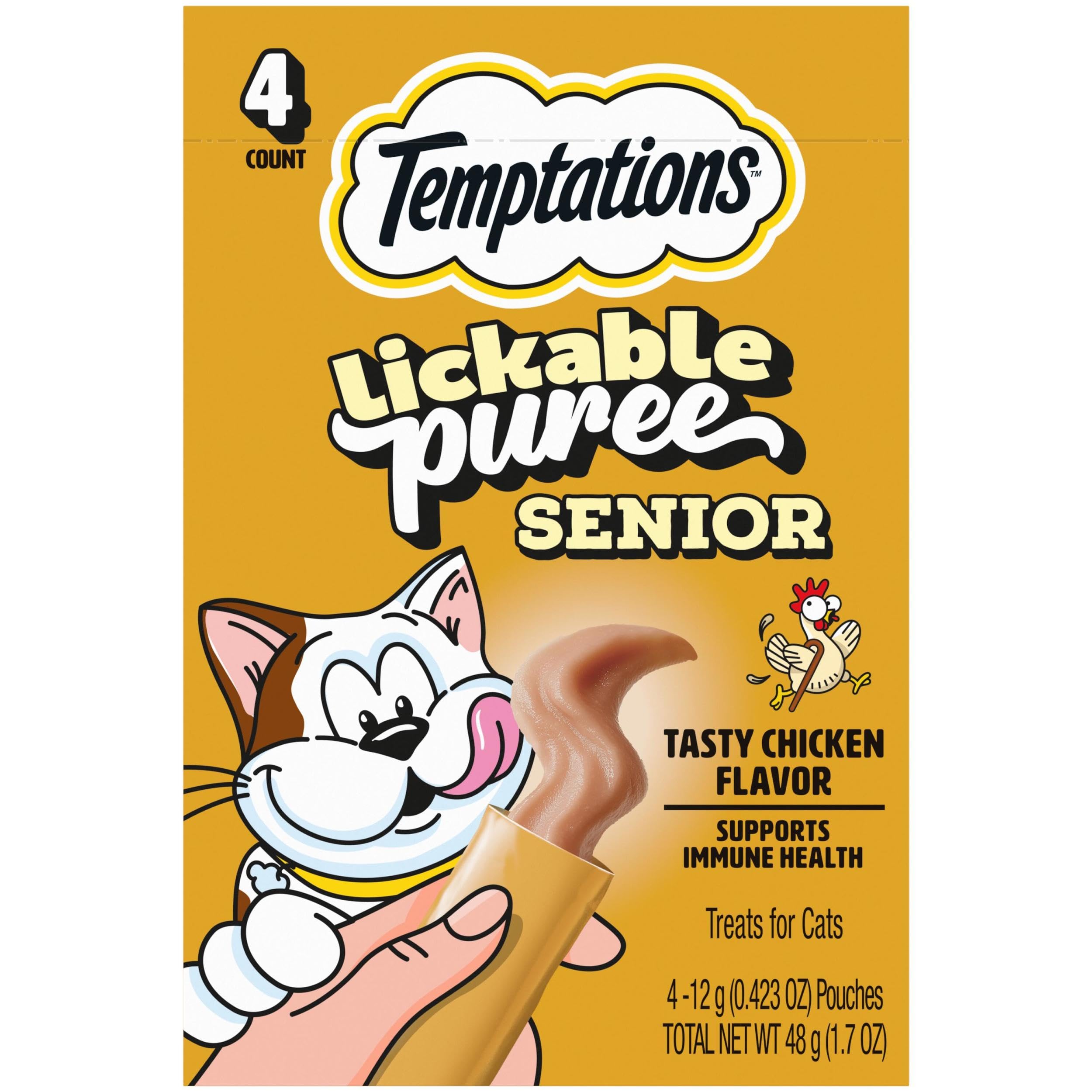 Temptations Puree Senior Cat Treats Lickable, Tasty Chicken Flavor, 4 Pouches (Pack of 11)