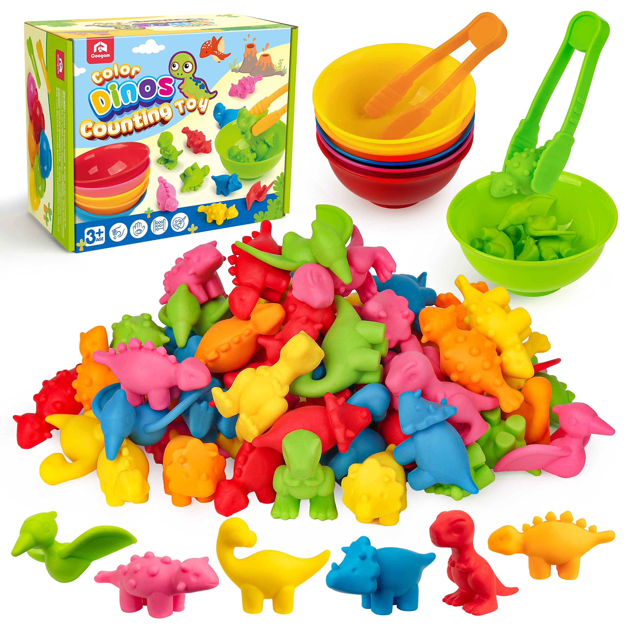 Coogam Counting Dinosaur Sorting Toy Set, Color Matching Classification Game, Montessori Fine Motor Skill Preschool Educational Montessori Learning Toys for 3 4 5 Years Old