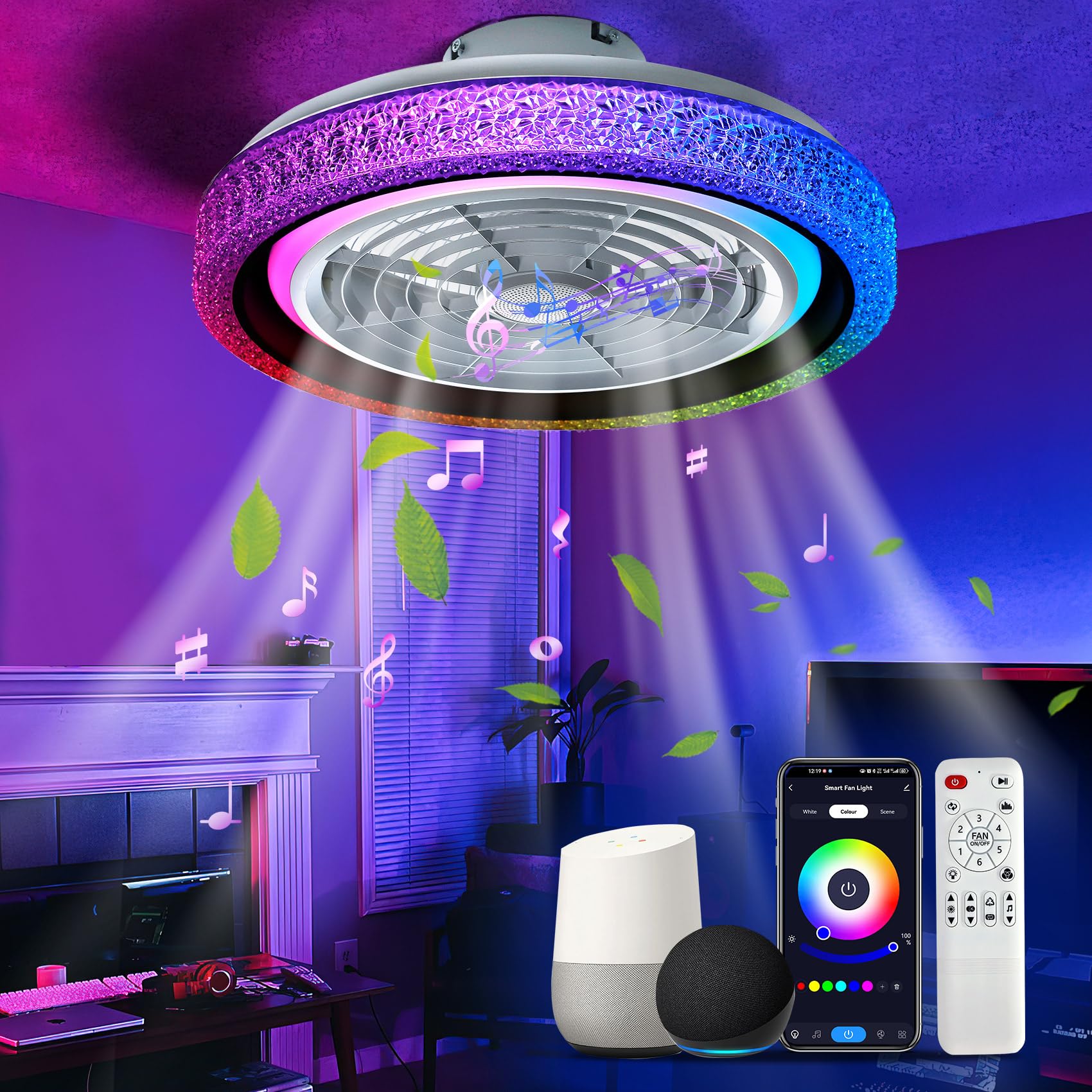 Ceiling Fan with Light, 20" LED RGB Low Profile Reversible Ceiling Fan Light with Bluetooth Smart WiFi, Compatible with Alexa, Google Assistant, 6 Wind Speed, with Remote Control App Control