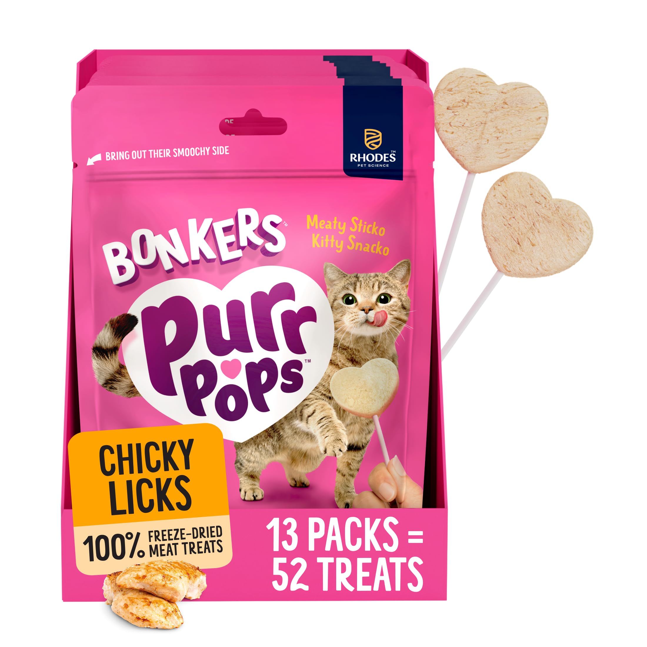 Bonkers Purrpops Freeze-Dried Chicken Flavored Lollipop Treats for Cats, 4 Pieces (Pack of 13)