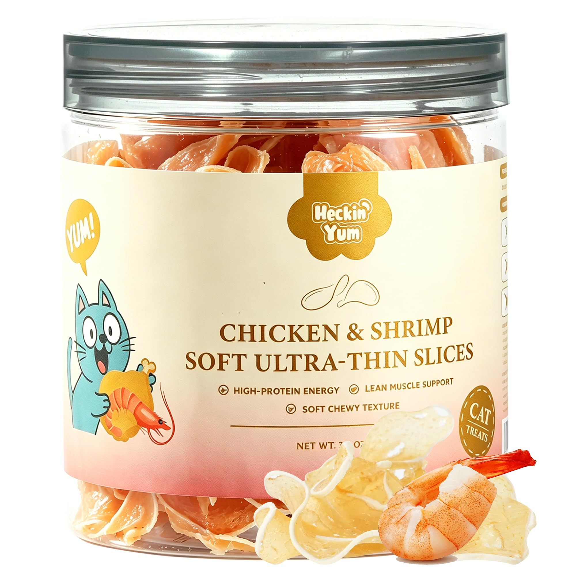 Soft Cat Treats, Chicken & Shrimp Ultra-Thin Slices, Easy-Chew Snacks for Picky Cats, Kittens & Seniors, Low-Fat Treats with Taurine, 3.2 oz