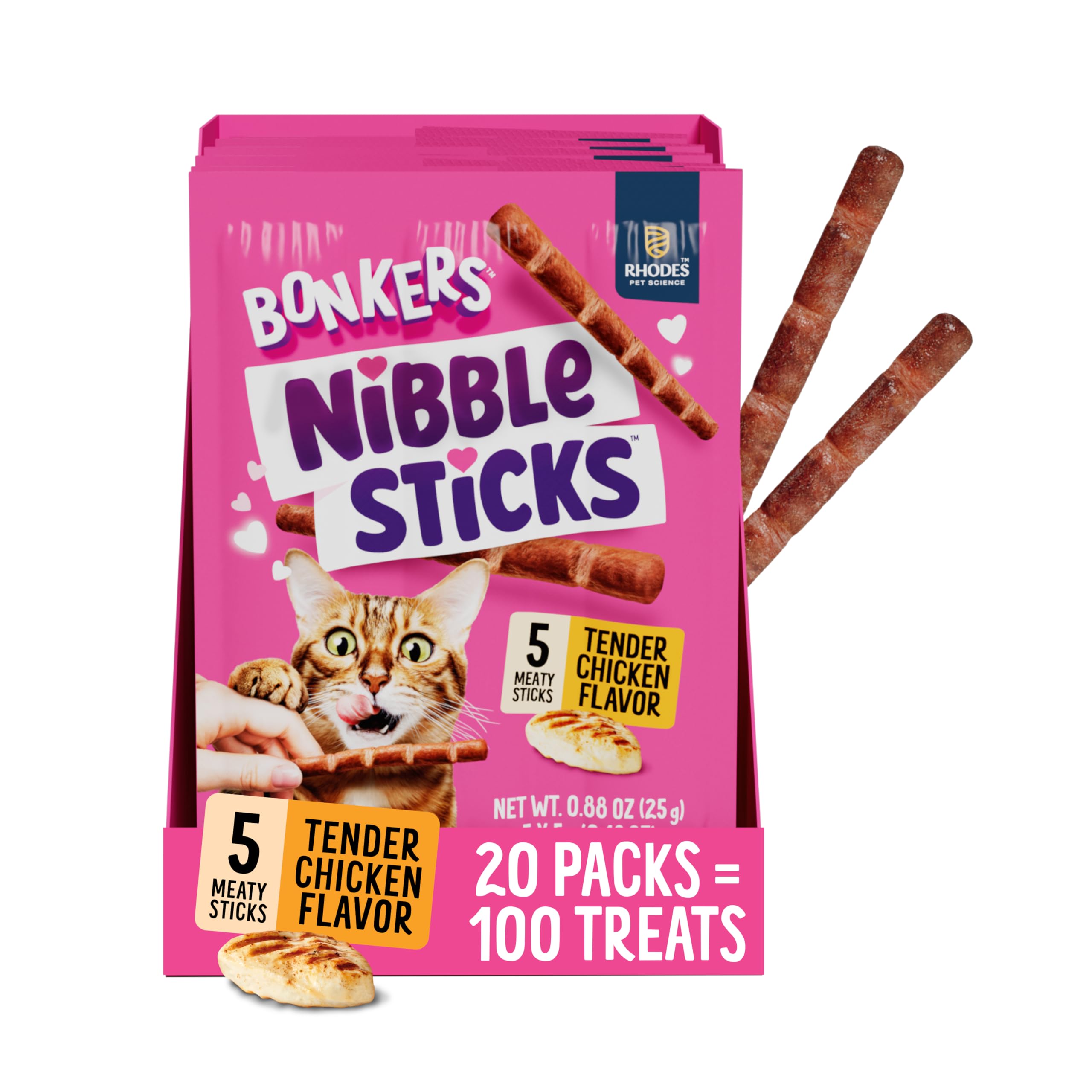 Bonkers Nibble Sticks Soft & Meaty Tender Chicken Flavor Cat Treats, 5 Sticks (Pack of 20)