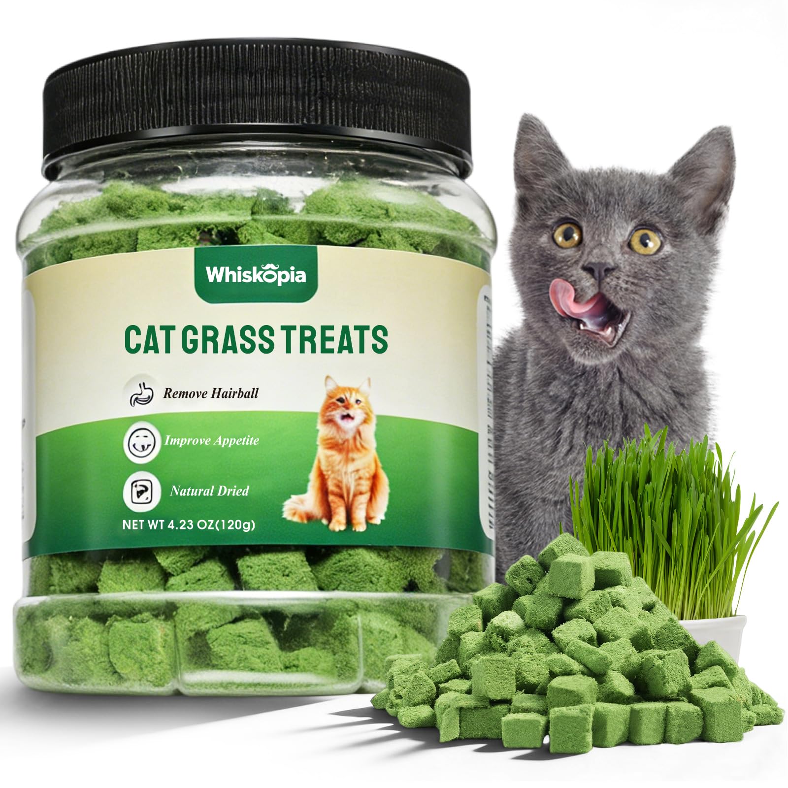 4.23oz Cat Grass Treats for Indoor Cats Freeze-Dried Cat Grass Pellets for Hairball Control, Gut Health & Dental Care Natural Chicken & Egg Yolk Kitten Crunchy Training Snacks