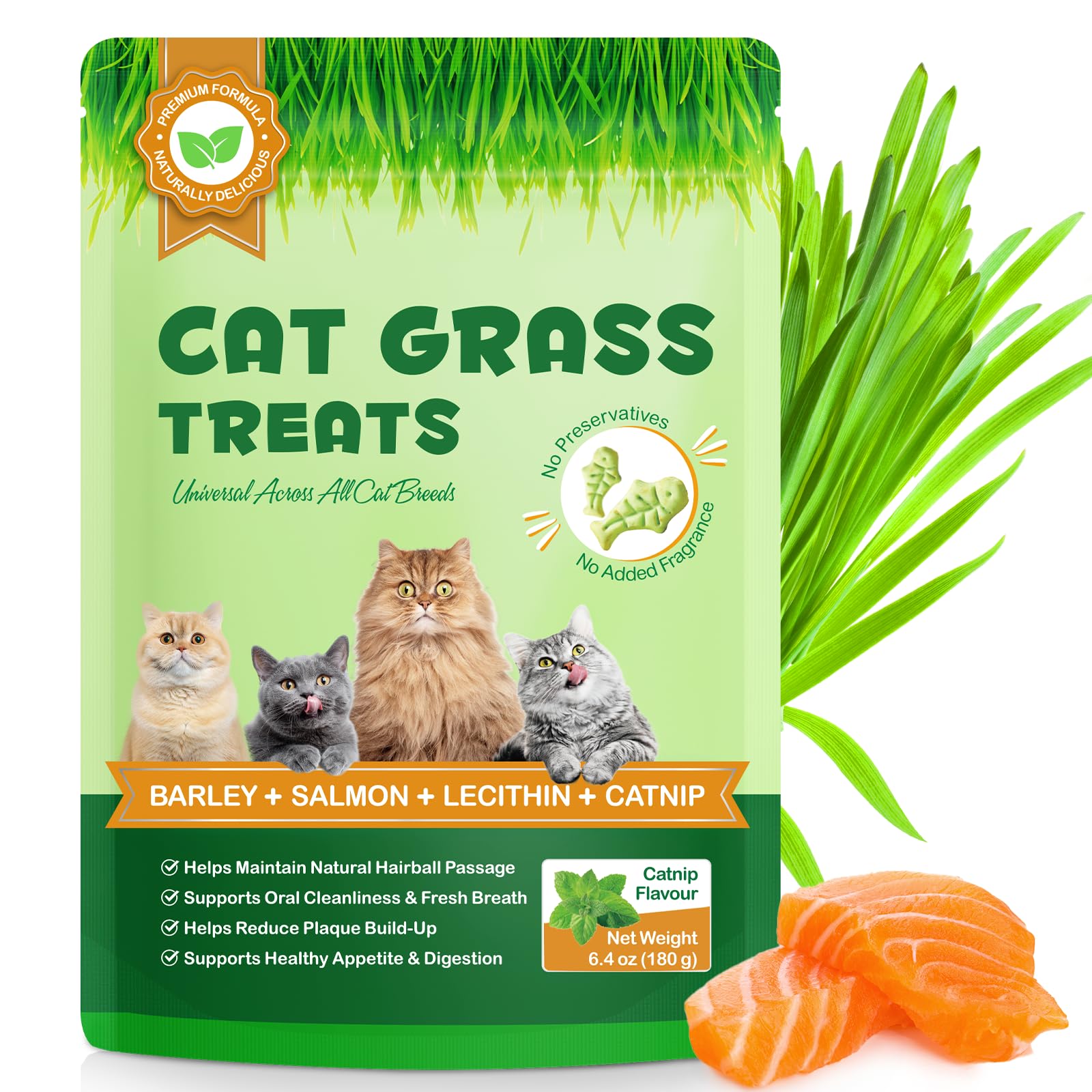 180g/6.4oz Cat Grass Treats for Hairball Control, Natural Teeth Cleaning & Fresh Breath, Crunchy Catnip Flavored Biscuits with Barley Grass, Cat Training Rewards for All Breeds