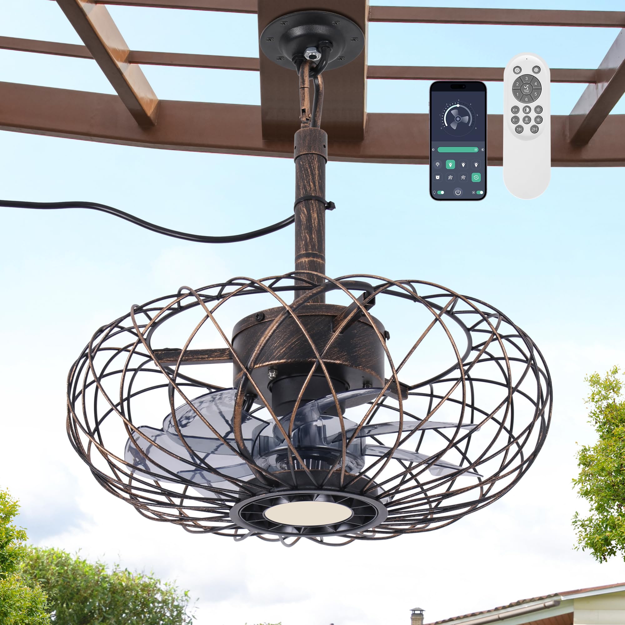 PAZALA 15" Gazebo Ceiling Fans with Lights and Remote Control, Waterproof Enclosed Caged Ceiling Fan with 3 Color LED Light, Portable Hanging Outdoor Fan with Plug in Cord Hook for Patios Rustic