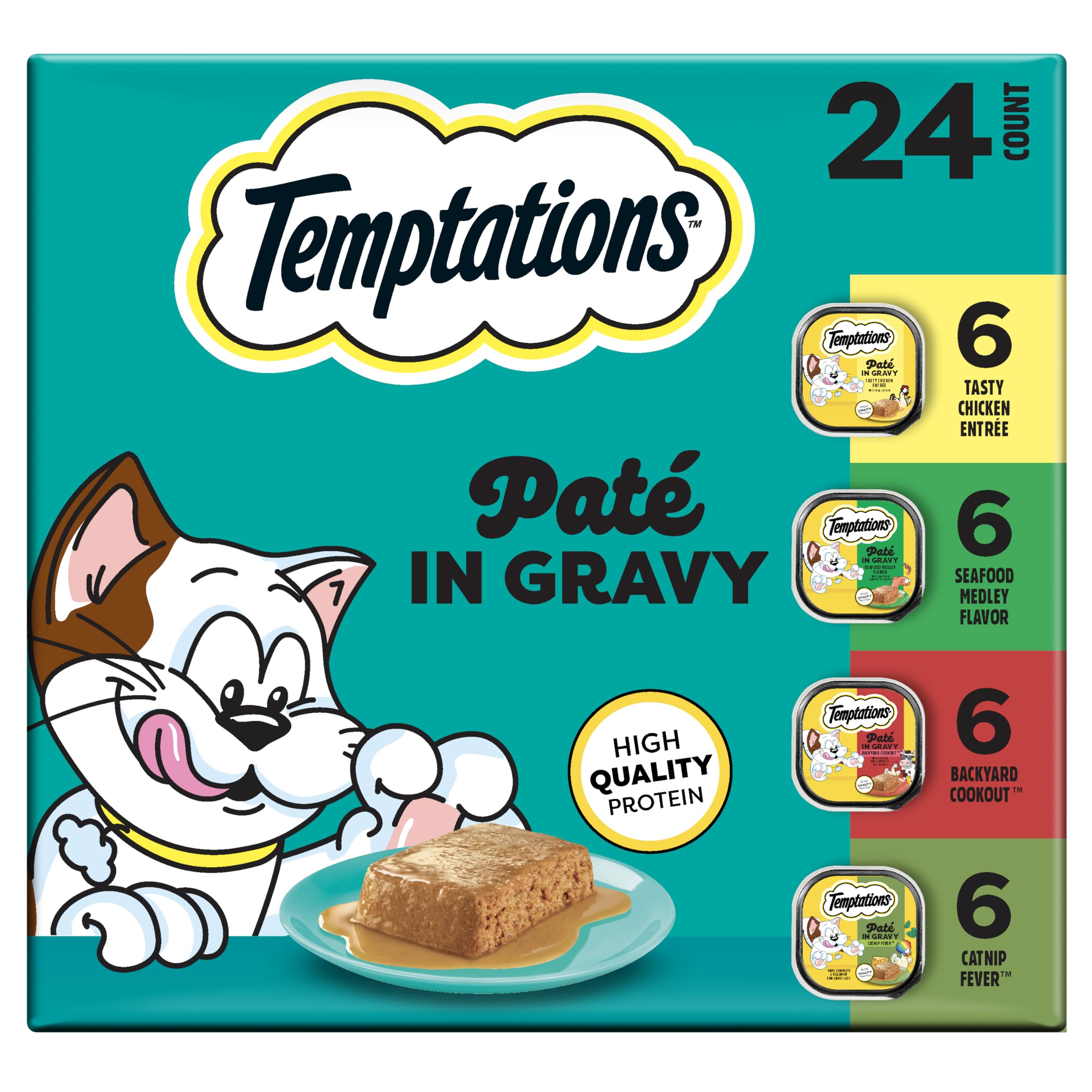 Temptations Pate in Gravy Adult Wet Cat Food Tasty Chicken Entree, Seafood Medley, Backyard Cookout, and Catnip Fever, 3.5 oz. Trays (24 Count, Pack of 1)