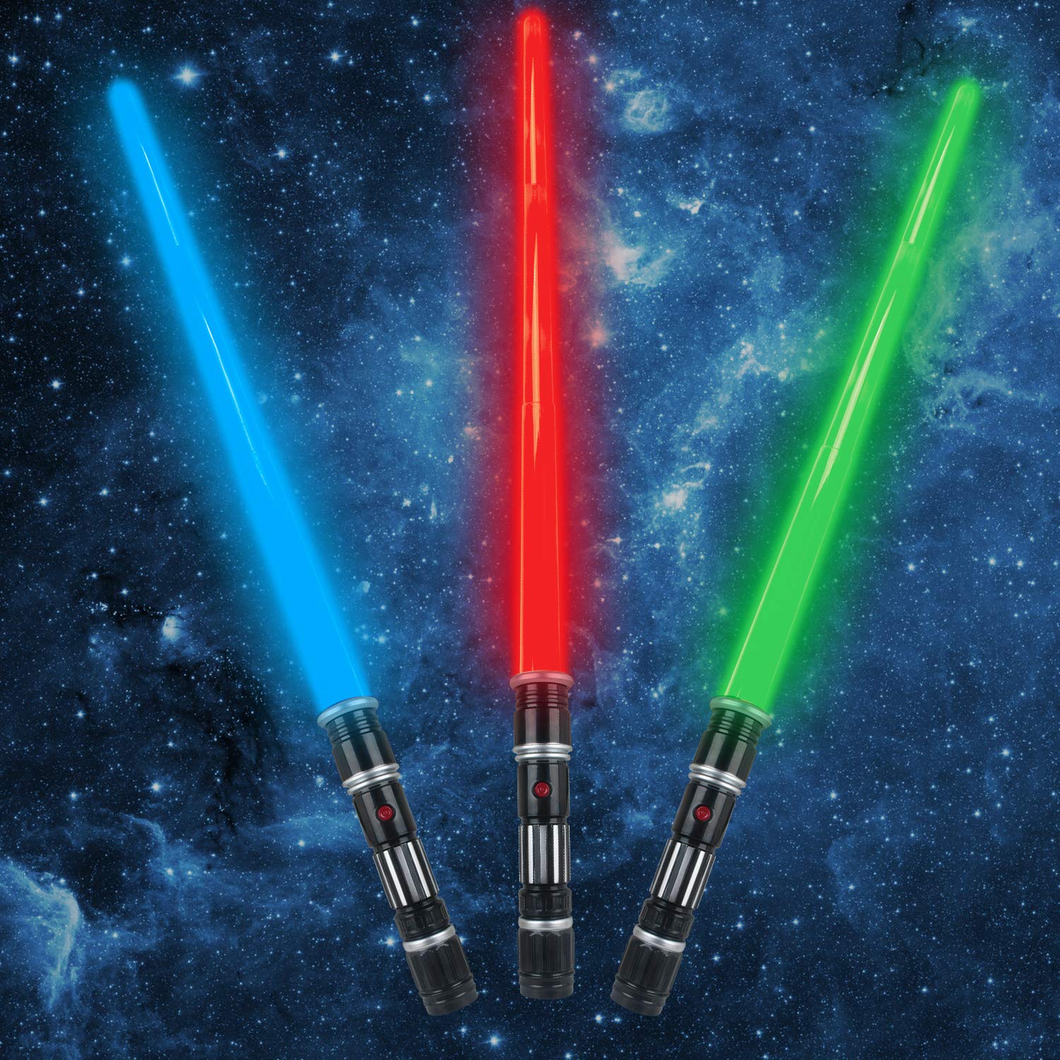 3 Pack 3 Colors Saber Light Up Swords with FX Sound(Motion Sensitive) and Realistic Handle for Kid, Expandable Light Toy for Halloween Dress Up Parties, Xmas Present, Galaxy War Fighters and Warriors