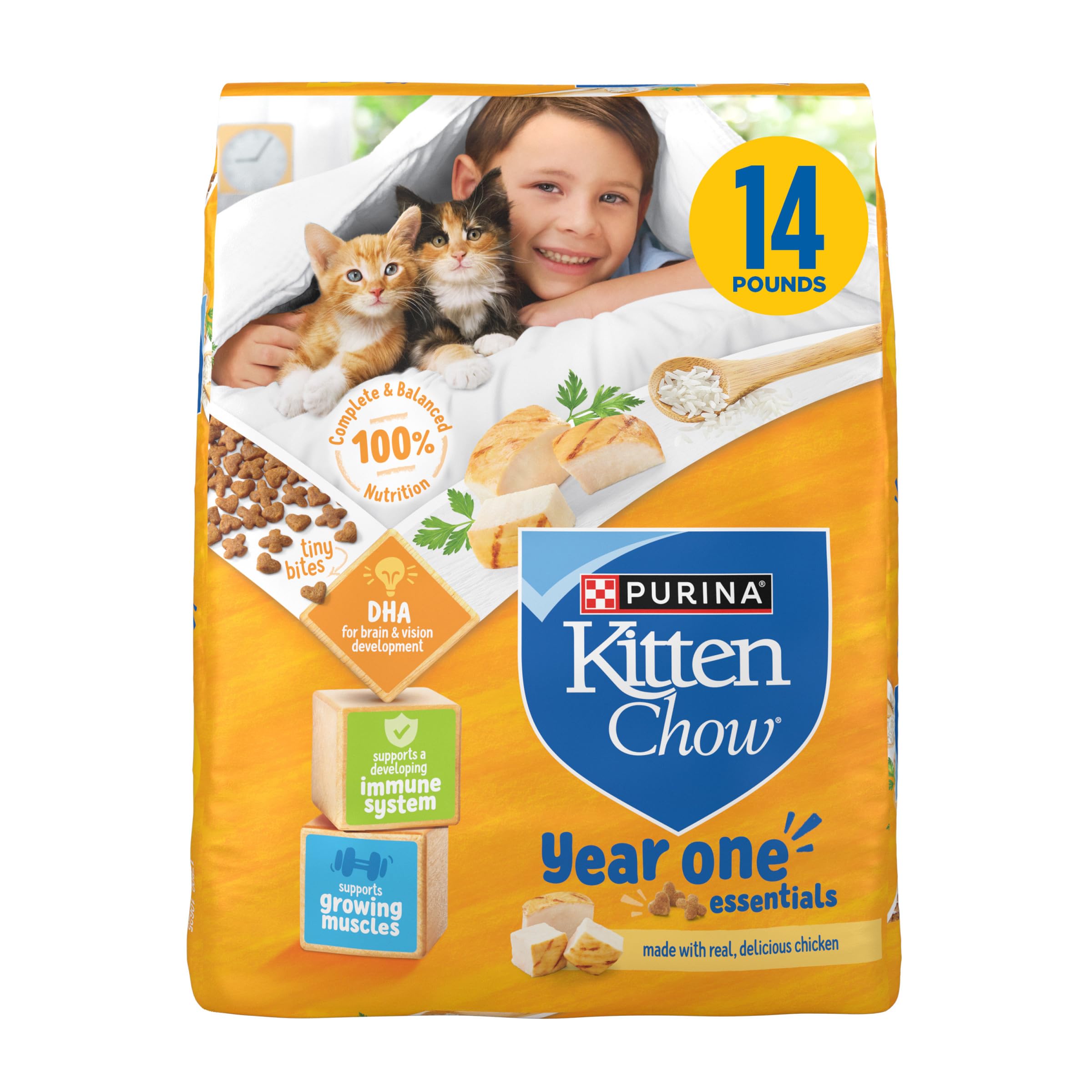 Purina Kitten Chow?Year One Essentials with Real Chicken High-Protein Complete and Balanced Dry Kitten Food with Essential Nutrients - 14 lb. Bag