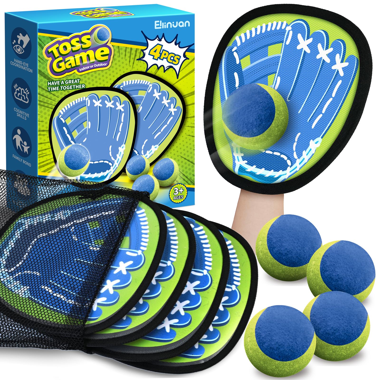 Ellinjan 4 Packs Catch Ball Game Set, Baseball Training Glove, Outdoor Toys, Summer Pool Beach Yard Backyard Camping Sports Play Toy Games for Toddlers Kids Teens Adults Family Game, Fun Ideal Gifts