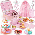 iAOVUEBY Tea Party Set for Little Girls Age 3-8, Kids Princess Pretend Playset Toys Including Teas Set Dessert Princess Dress Up & Carrying Case, Toddler Girls Birthday Gifts, Girl Kitchen Tea Toys