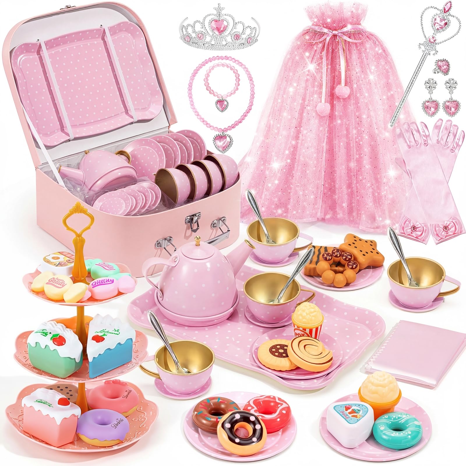 iAOVUEBY Tea Party Set for Little Girls Age 3-8, Kids Princess Pretend Playset Toys Including Teas Set Dessert Princess Dress Up & Carrying Case, Toddler Girls Birthday Gifts, Girl Kitchen Tea Toys
