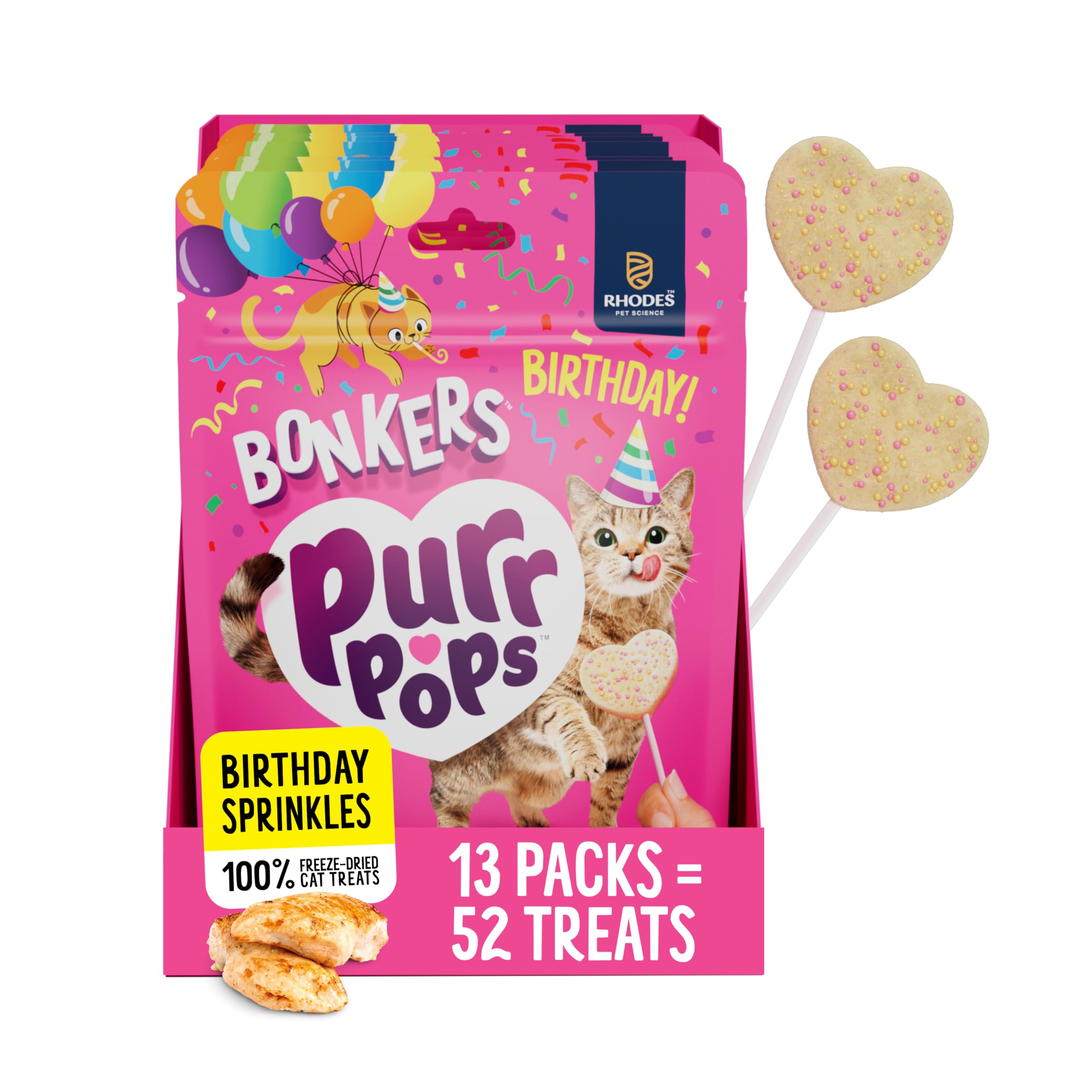 Bonkers Purrpops Birthday Edition Freeze-Dried Chicken Flavored Lollipop Treats for Cats, 4 Pieces (Pack of 13)