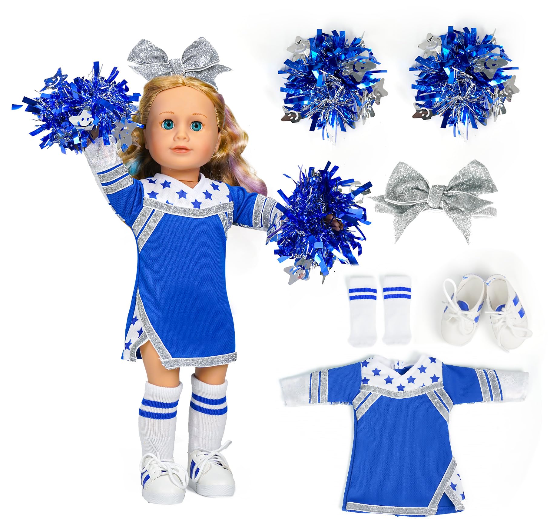 ARTST Cheer Uniform Doll Outfit-18 inch Doll Clothes & Accessories Set-Clothing Pom Poms,Shoes,Socks and Hairbow,Valentine's Sport Gifts for Girls Age 6+(NO Doll)