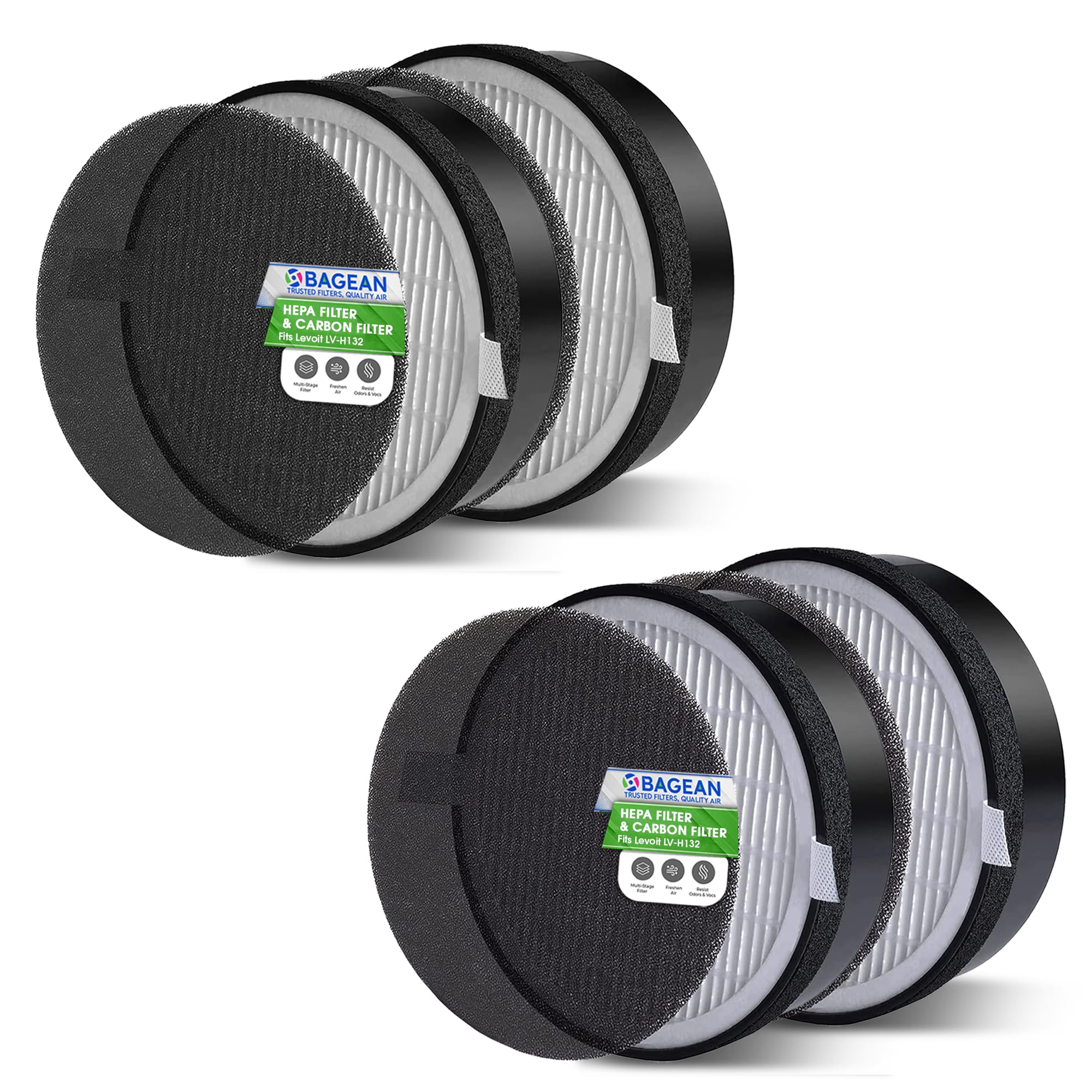 Bagean LV-H132 Replacement Filter for Levoit Air Purifier Compatible with Levoit Replacement Filter - Certified H13 True HEPA with Activated Carbon Filters 99.97% of Particles and Purifies Air (4-Pk)