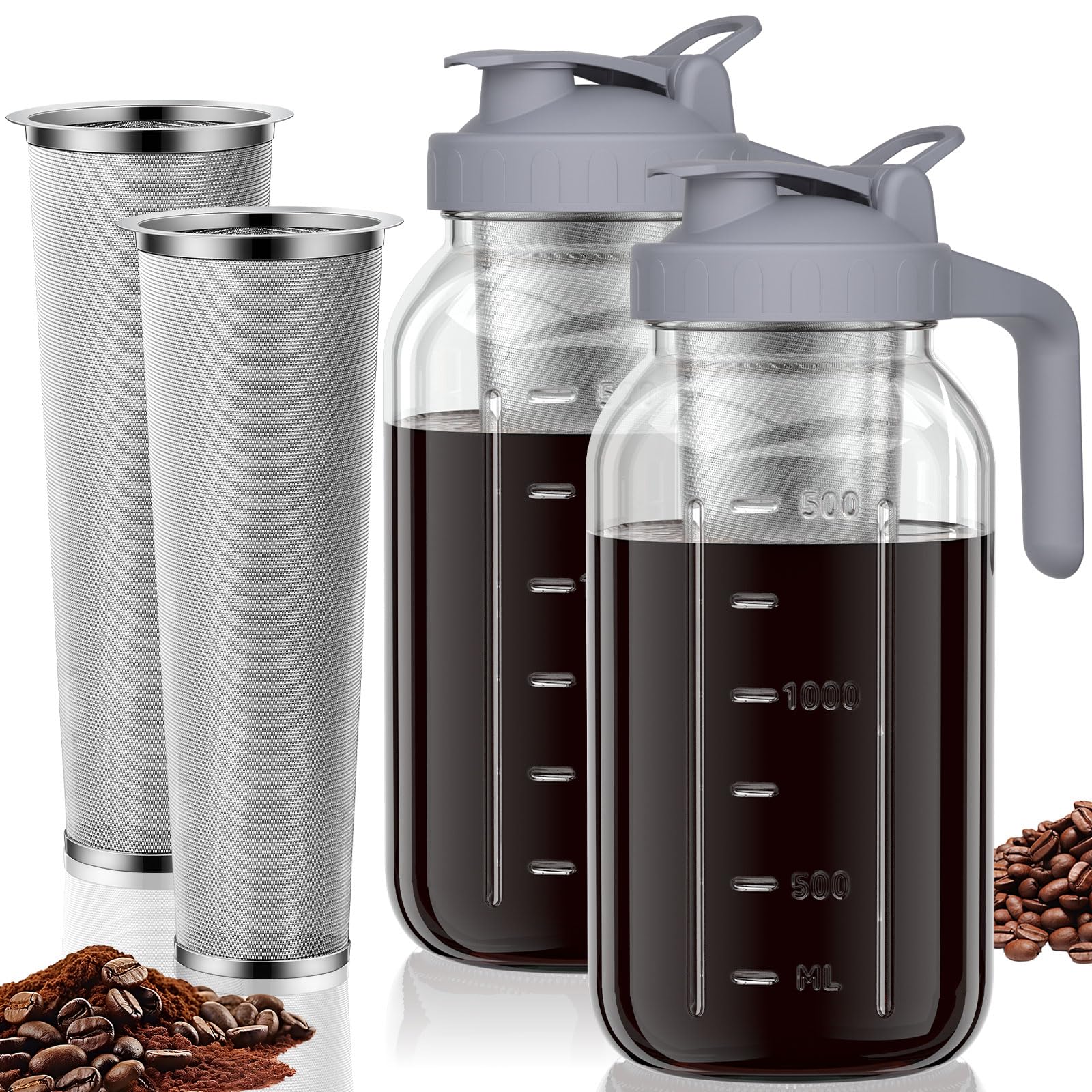 Cold Brew Coffee Maker Jar - 64oz Thick Glass Multipurpose Mason Pitcher Spout Lid with Handle & Stainless Steel Filter for Iced Coffee, Lemonade, Ice Tea, Homemade Fruit Drinks Container?2Pack?