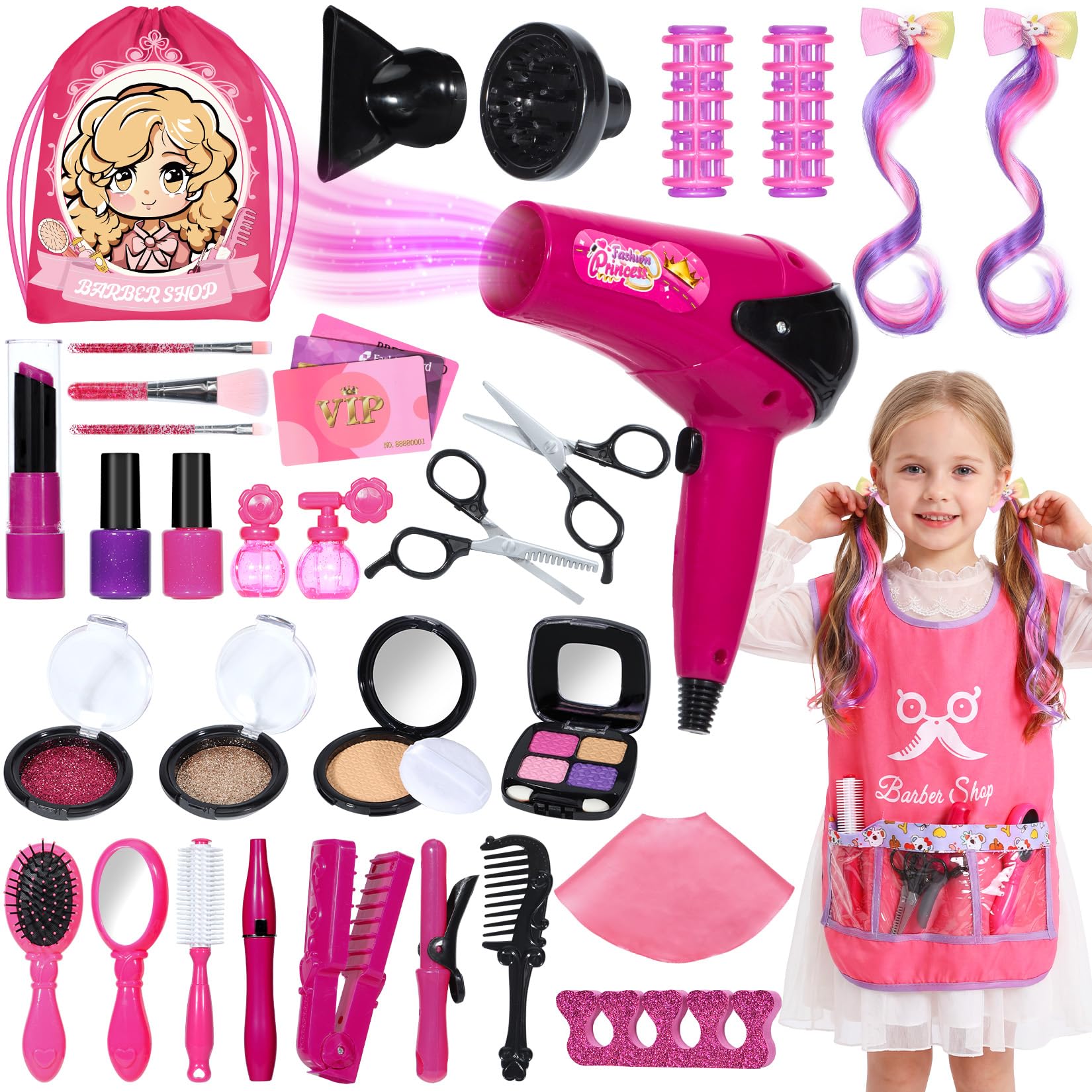 Hair Salon Toys for Girls, 36PCS Kids Pretend Play Makeup Sets, Dress Up Beauty Hair Stylist Toy Kit with Barber Apron, Hair Dryer, Curling Iron, Mirror, Scissors and Styling Accessories