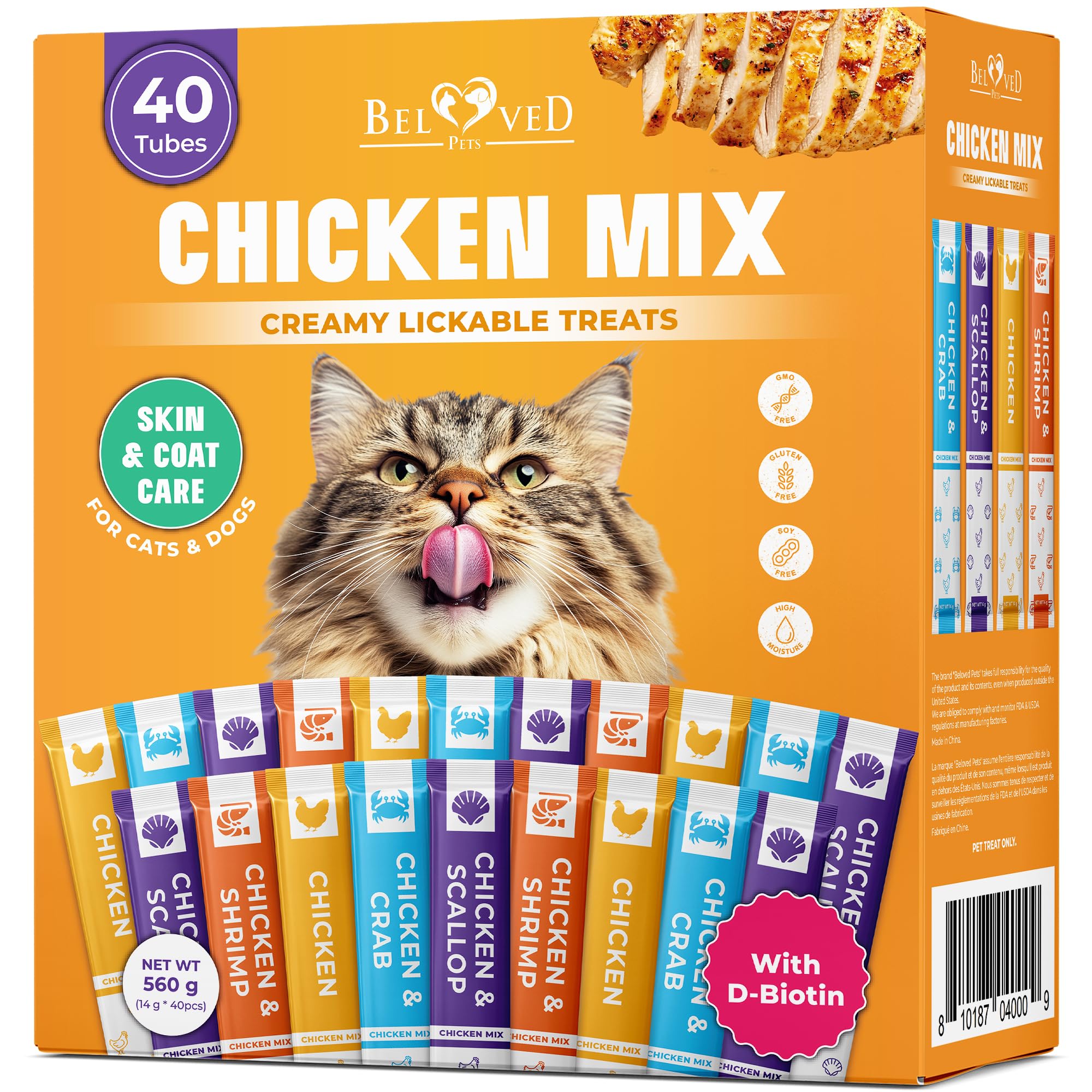 Beloved Pets Creamy Lickable Cat Treats & Wet Food Squeeze Tubes – Liquid Kitten Snacks, Skin & Coat Health, Multivitamin Treats for Cats, & Small Dogs, Lick Up 40 Chicken Mix
