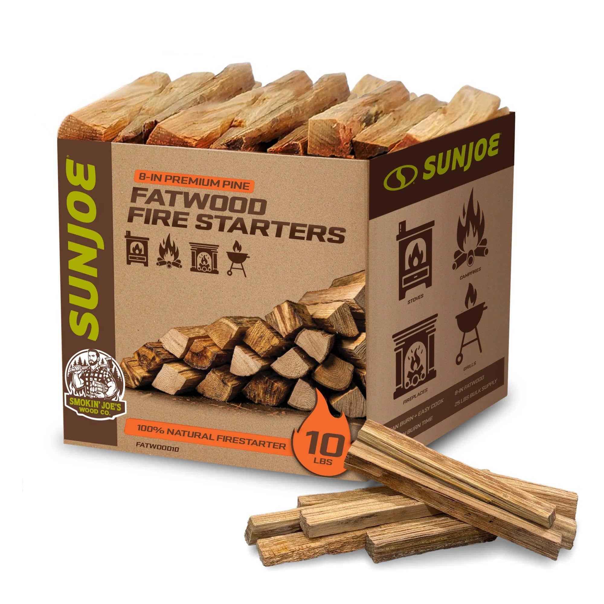 Sun Joe 10 lb Fatwood Fire Starter Sticks, All-Natural Pine Kindling, Firewood Starters for Wood Stove, BBQ Grill, Campfire, Fireplace, and Fire Pit, FATWOOD10