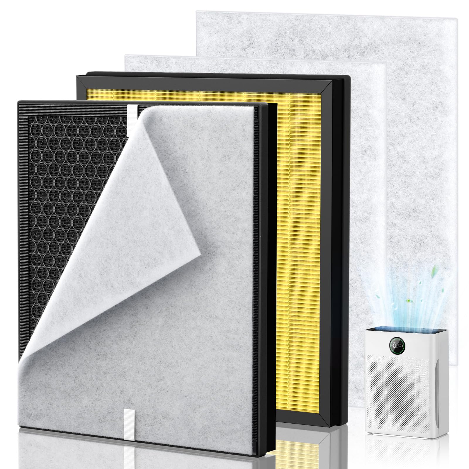 PR1 Replacement Filter for Mooka PR1 Air Purifier for Home Large Room up to 2200sq.ft, 2 Pack 3-in-1 HEPA Activated Carbon, with 4Pcs Washable Filter for Pets, Yellow