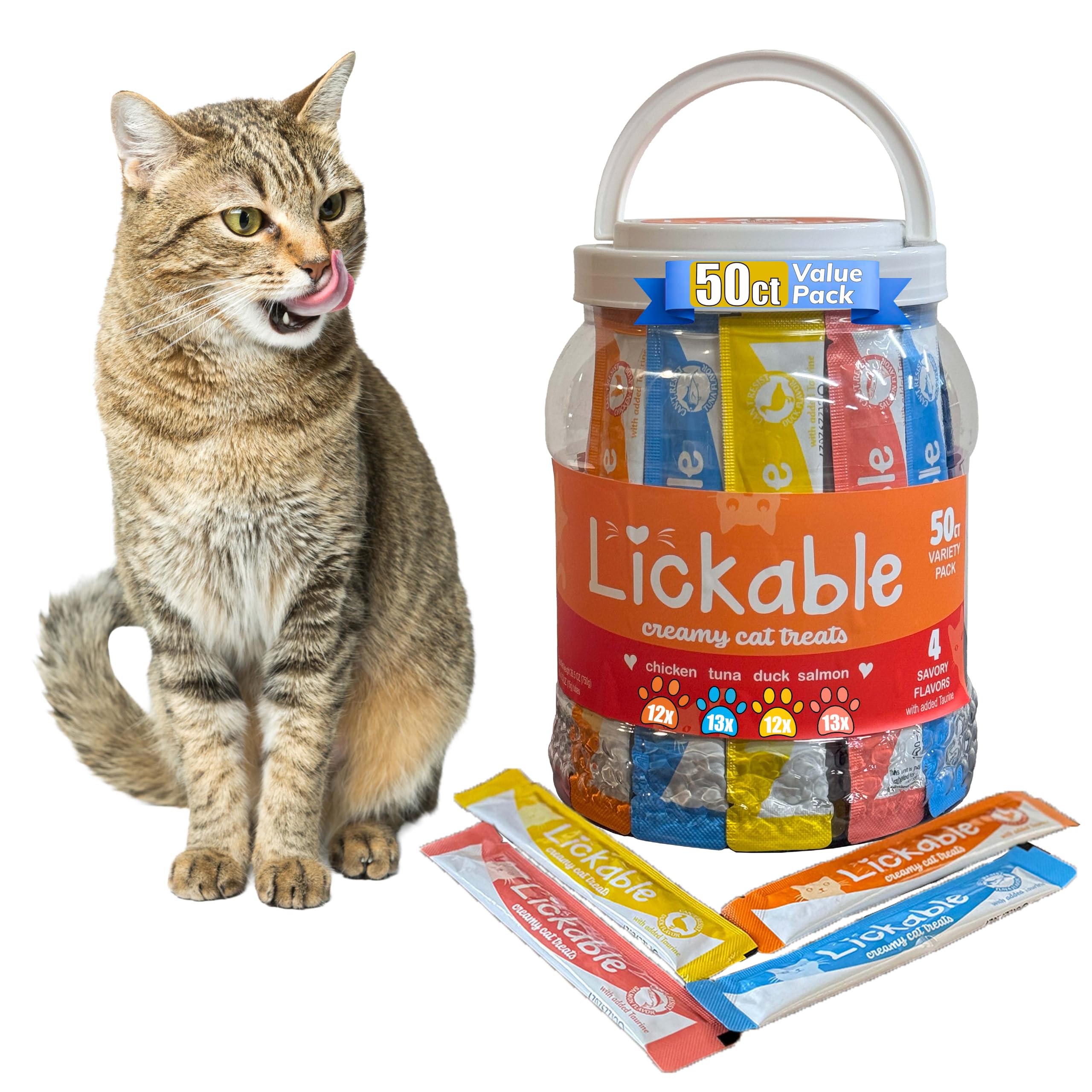 Fieldcrest Farms Lickable Creamy Cat Treats – 50ct Variety Pack – 4 Savory Flavors (Chicken, Tuna, Duck, Salmon) with Taurine – Smooth, Tasty Cat Treat Tubes – Serve by Hand, Dish, or as a Topper
