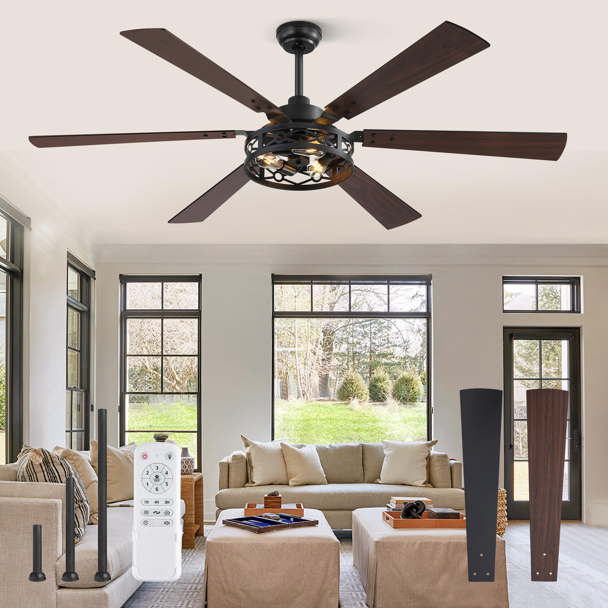 Fanbulous 65 Inch Ceiling Fan with Lights, Farmhouse Caged Ceiling Fans with Remote, Black Industrial Ceiling Fans with Quiet Reversible DC Motor, Large Ceiling Fan for Living room, Bedroom