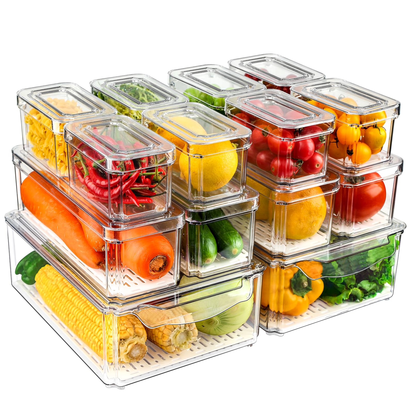 14 Pack Fridge Organizers and Storage - Refrigerator Organizer Bins with Lids, BPA-Free Fridge Organization, Fruit Storage Containers for Fridge, Vegetable, Food, Drinks, Cereals, Clear
