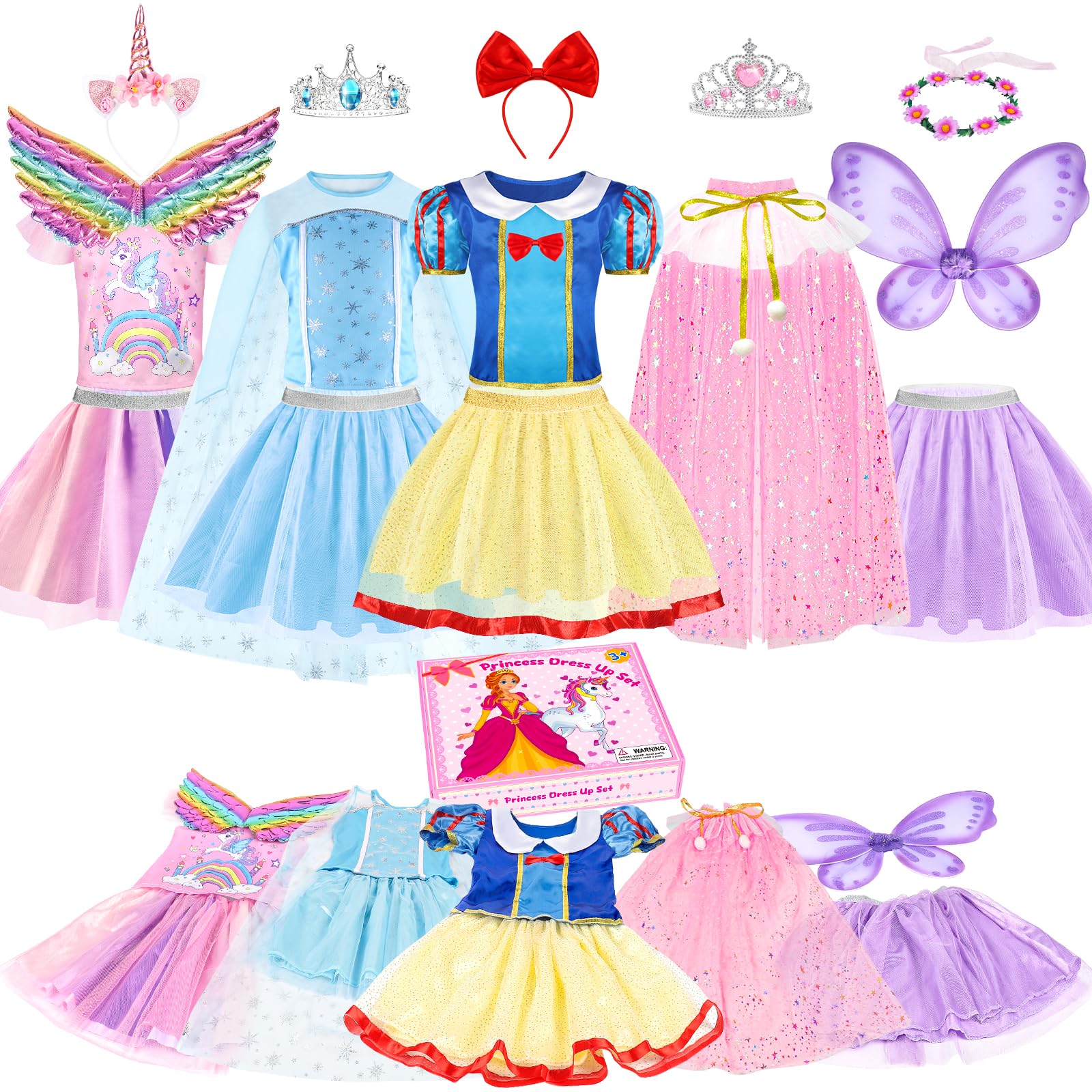 EULRGAUS Princess Dress Up, Toddler Dress Up with Princess Costumes and Toys, Butterfly & Unicorn Dress with Fairy Wings, Pretend Play for Toddlers 3-6, Halloween Christmas Birthday Gift for Kids