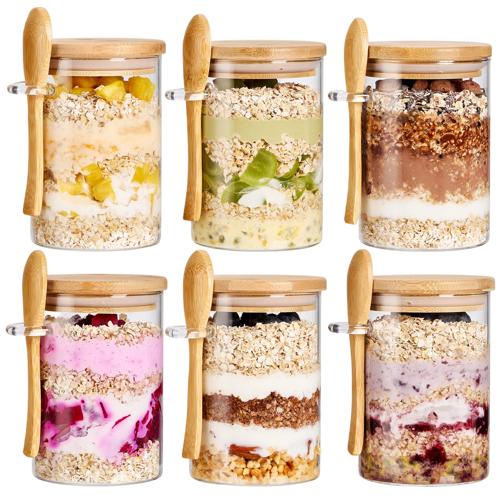6 Pack Overnight Oats Containers with Bamboo Lids and Spoons - 22 oz Airtight Glass Jars with Lid, Meal Prep Jars for Chia Pudding, Yogurt, Salad, Cereal, Coffee, Flour | Food Storage Canister