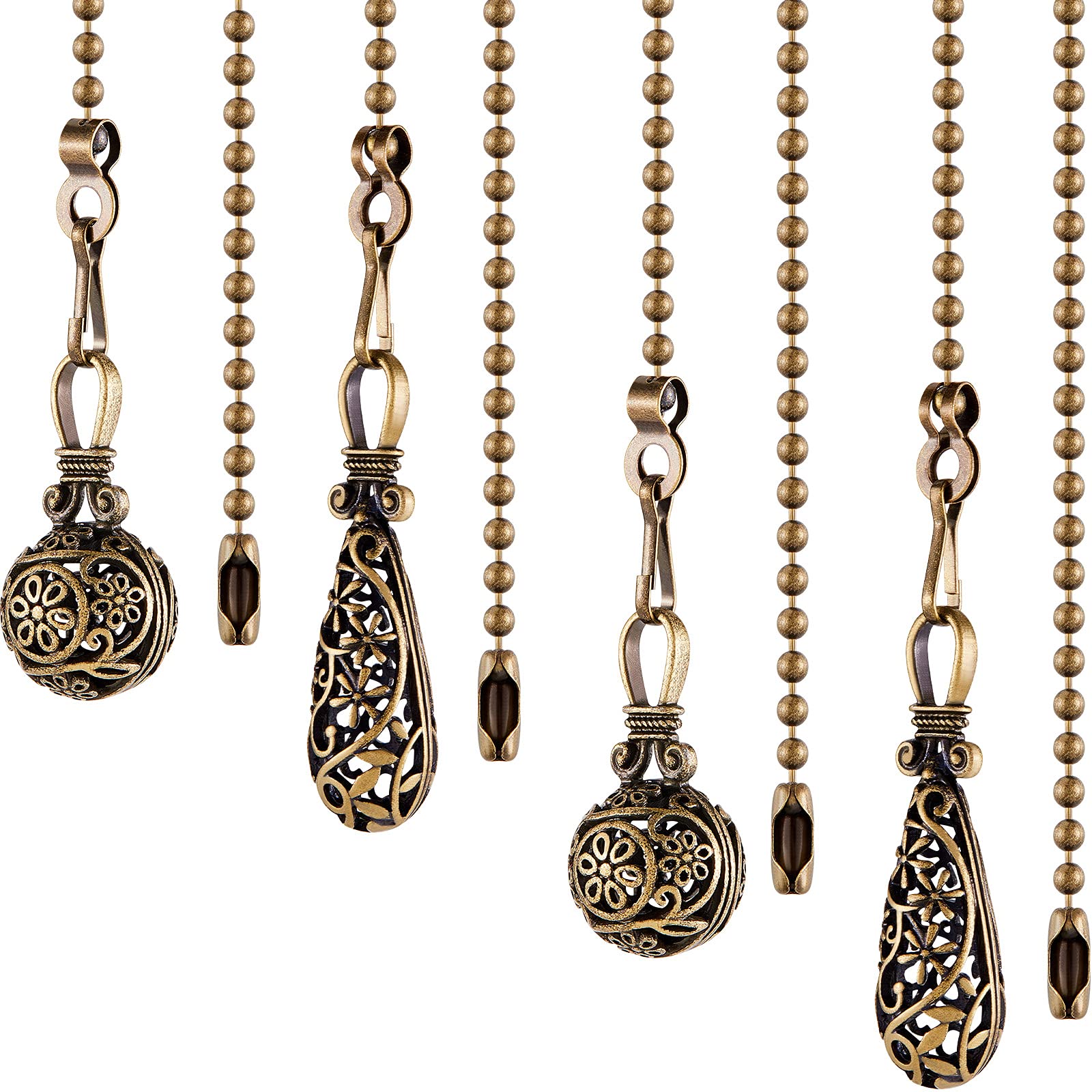 Yaomiao 4 Pieces Ceiling Fan Pull Chain Extension 13 Inch Vintage Hollow Light Pull Chain Extension Decorative Fan Pulls Extenders with Connector for Ceiling Light Decoration(Bronze Color)