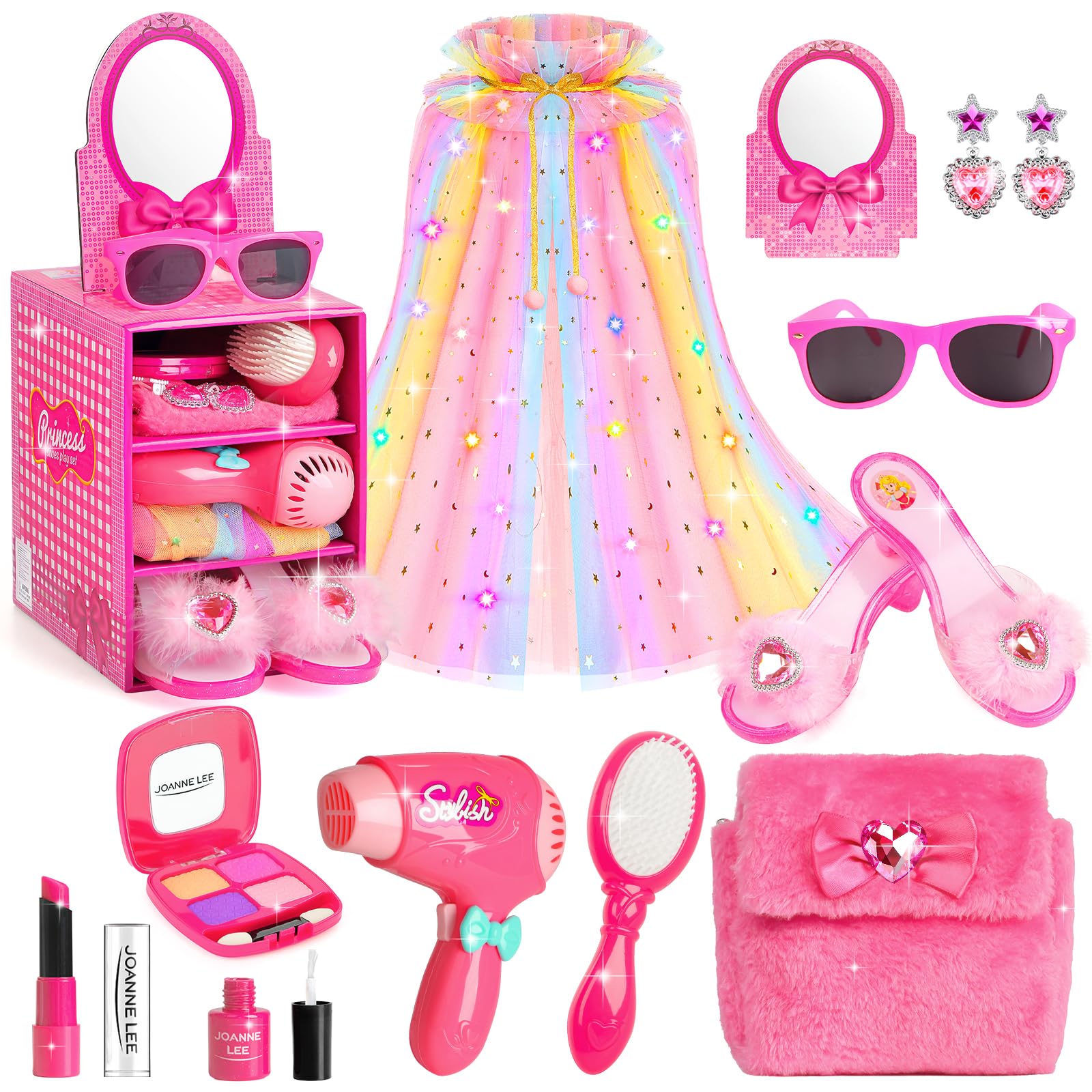 Princess Light Up Cape Dress Up Shoes, Kids Pretend Makeup Set for Girls Pretend Play Beauty Hair Salons Toys Gift for 3-6 Toddler Little Girls