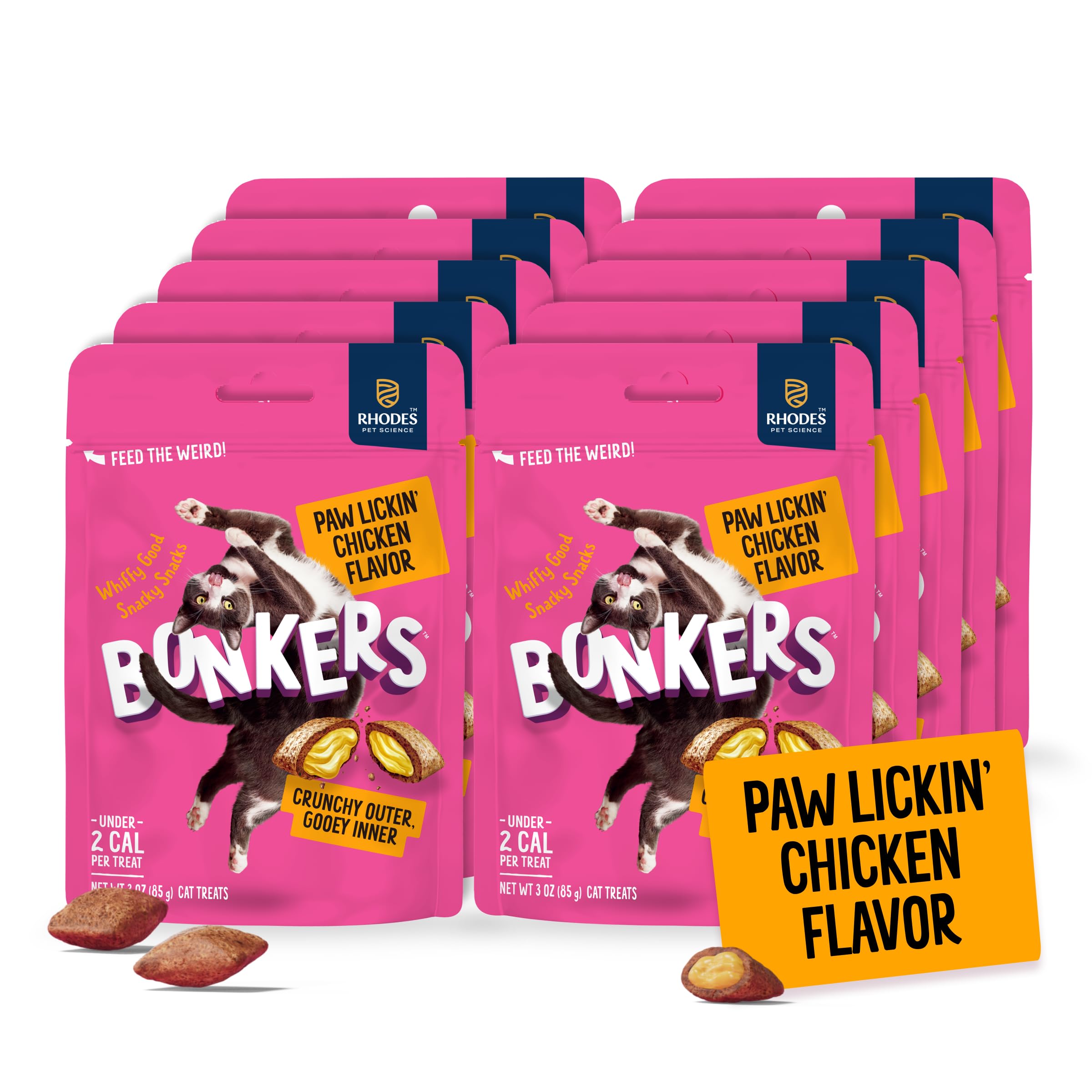 Bonkers Bites Paw Lickin' Chicken Flavor Crunchy & Soft Treats for Cats, 3oz Bag (Pack of 10)
