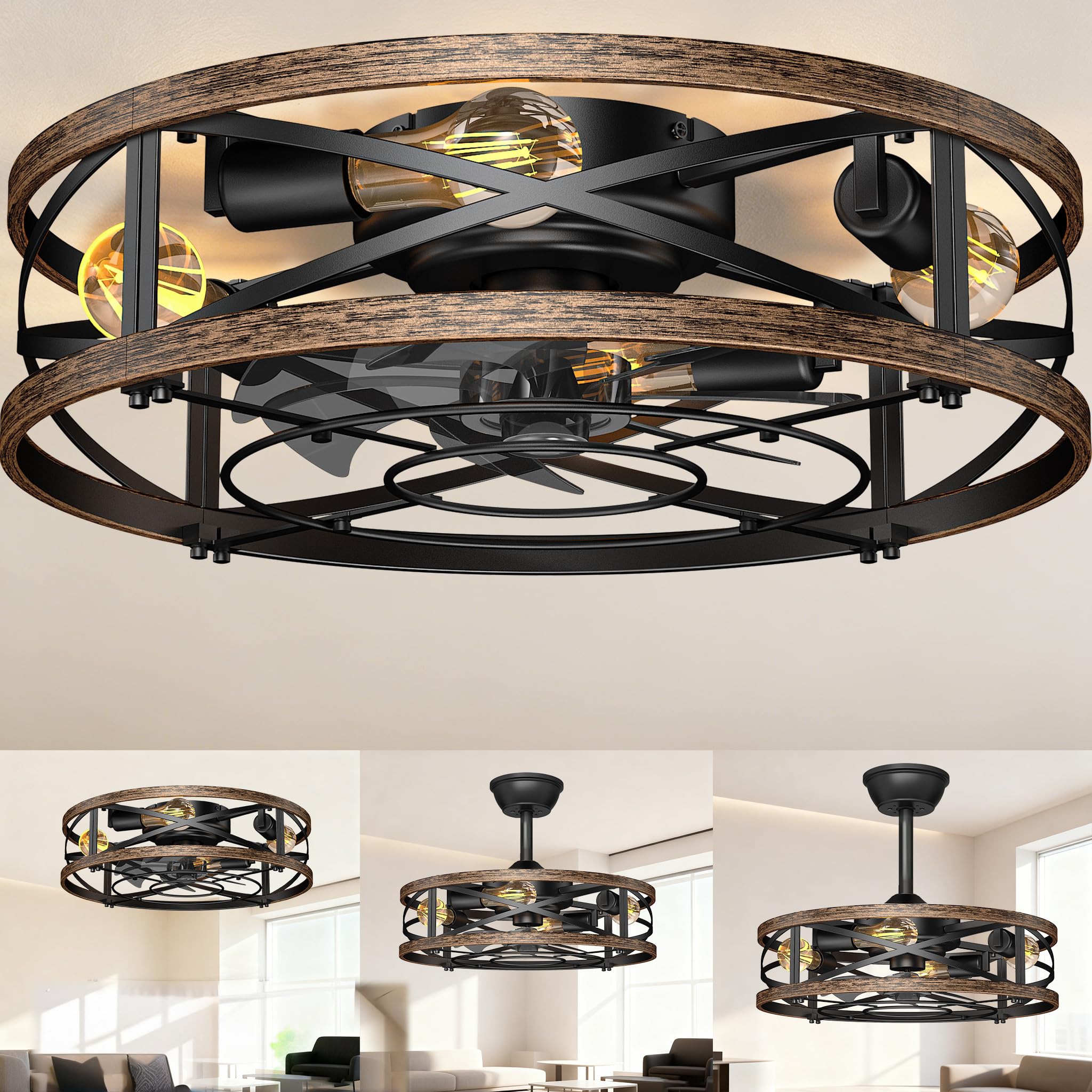 20in Caged Ceiling Fan with Lights, Low Profile Ceiling Fan, Small Rustic Industrial Farmhouse Ceiling Fans with Lights,Reversible Flush Mount Fandaliers Fan Light Ceiling Fixture for Bedroom Kitchen